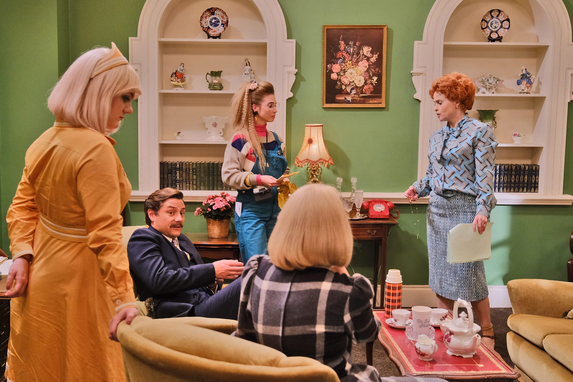 Chloe Harris as Susan Hanson, Augustus Prew as Tony Adams, Antonia Bernath as Jane Rossington, Clare Foster as Sue Lloyd, and Helena Bonham Carter as Noele Gordon in 'Nolly'