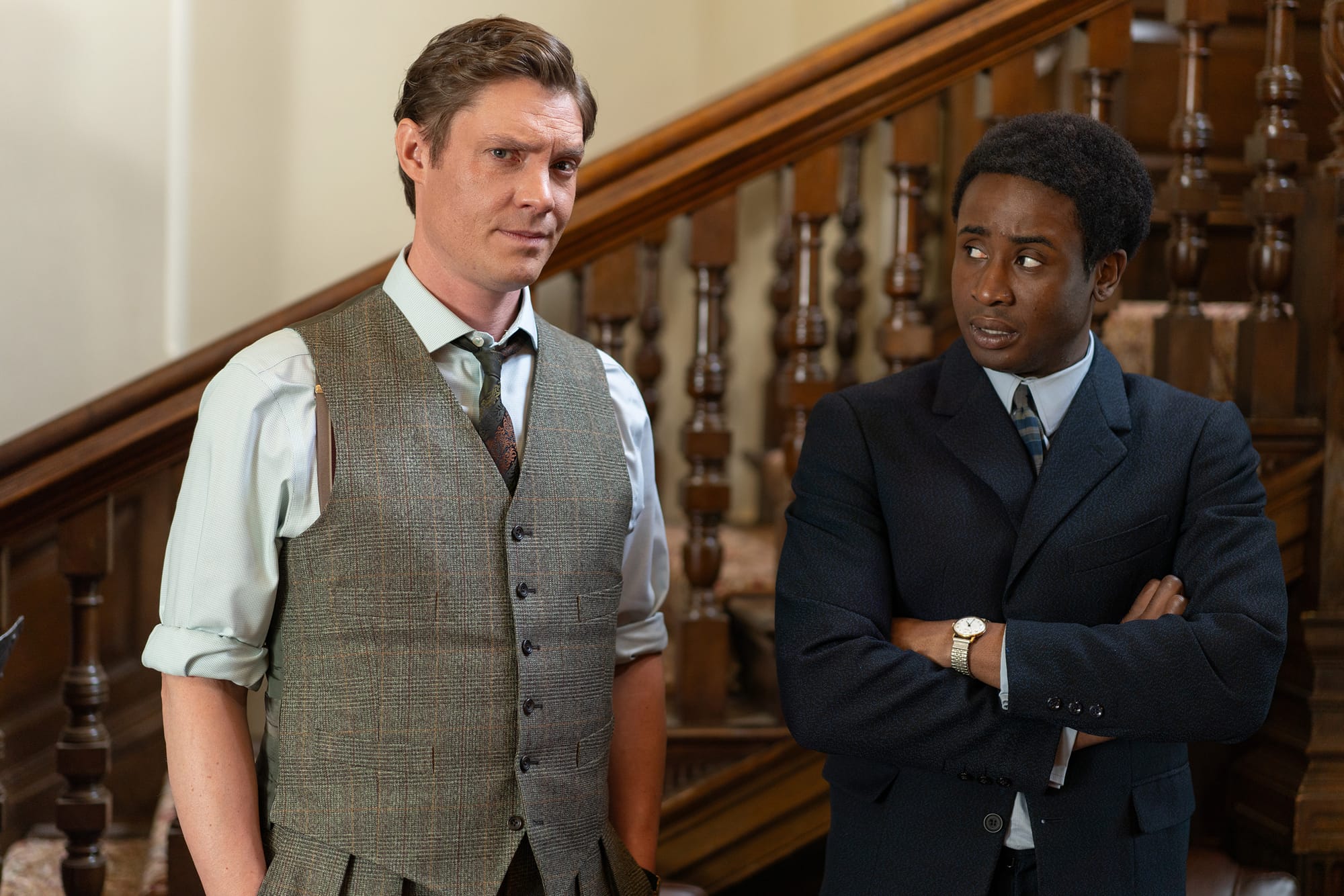 Max Brown as DI Sam Gillespie, Jerry Iwu as DS Felix Livingstone investigating a crime in 'Sister Boniface Mysteries' Season 3