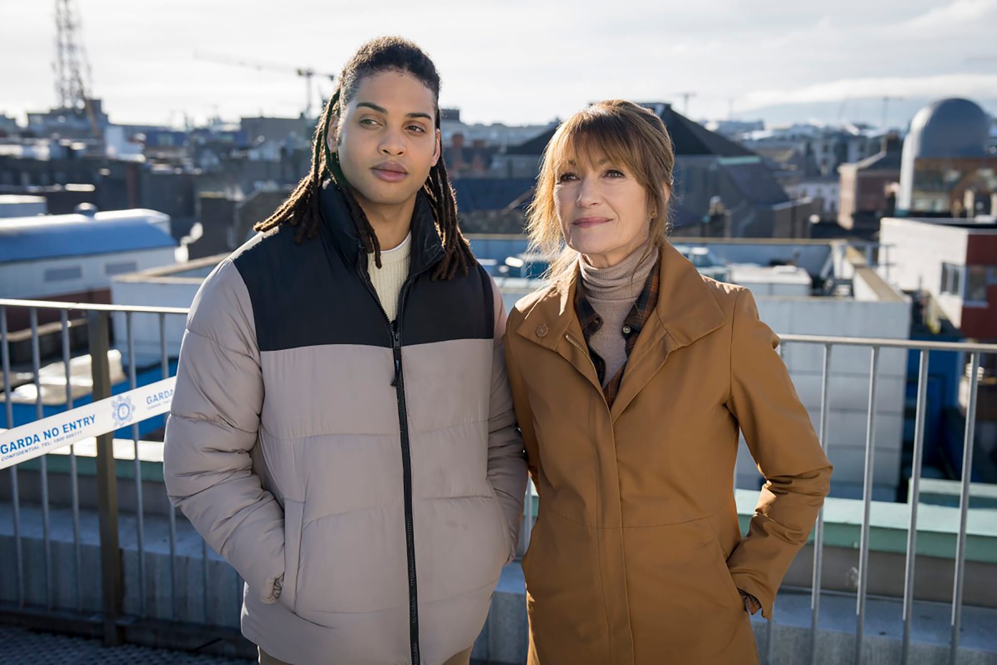 Rohan Nedd as Fergus Reid, Jane Seymour as Harry Wild in 'Harry Wild' Season 3