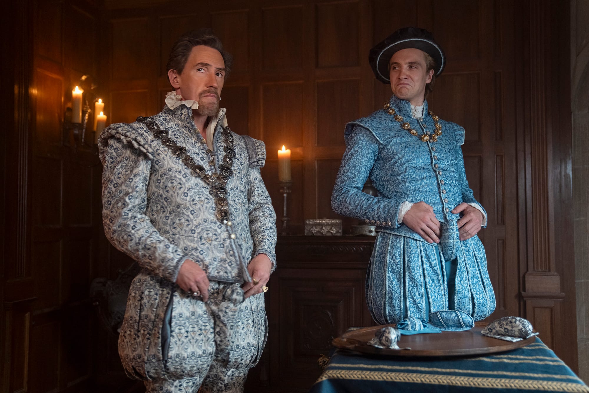Rob Brydon as Lord Dudley and Henry Ashton as Stan Dudley in 'My Lady Jane' Season 1