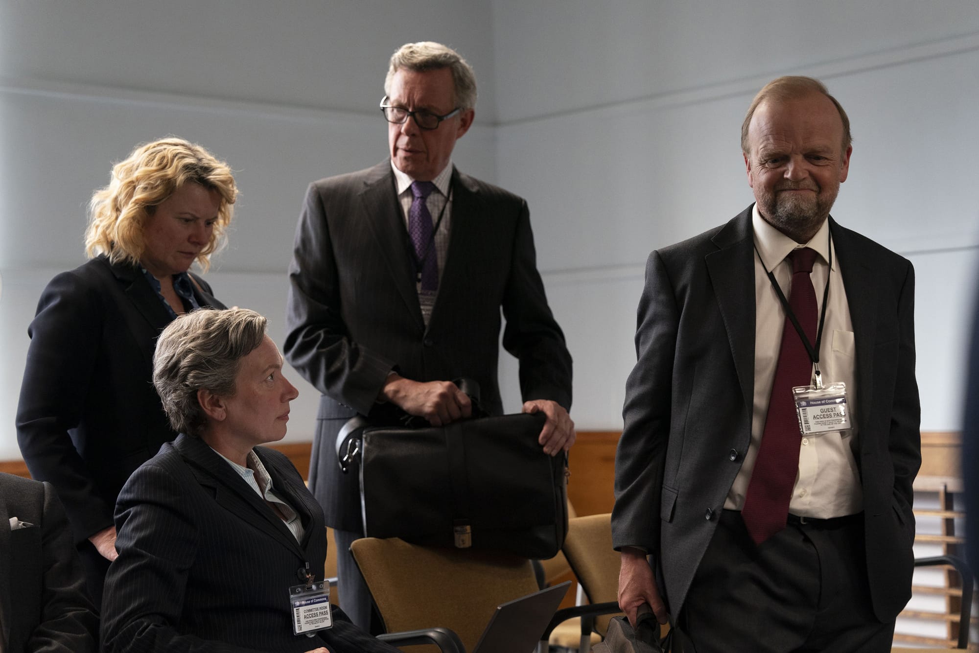 Monica Dolan as Jo Hamilton, Isobel Middleton as Kay Linnell, Alex Jennings as James Arbuthnot, Toby Jones as Alan Bates in 'Mr Bates vs The Post Office' Episode 3