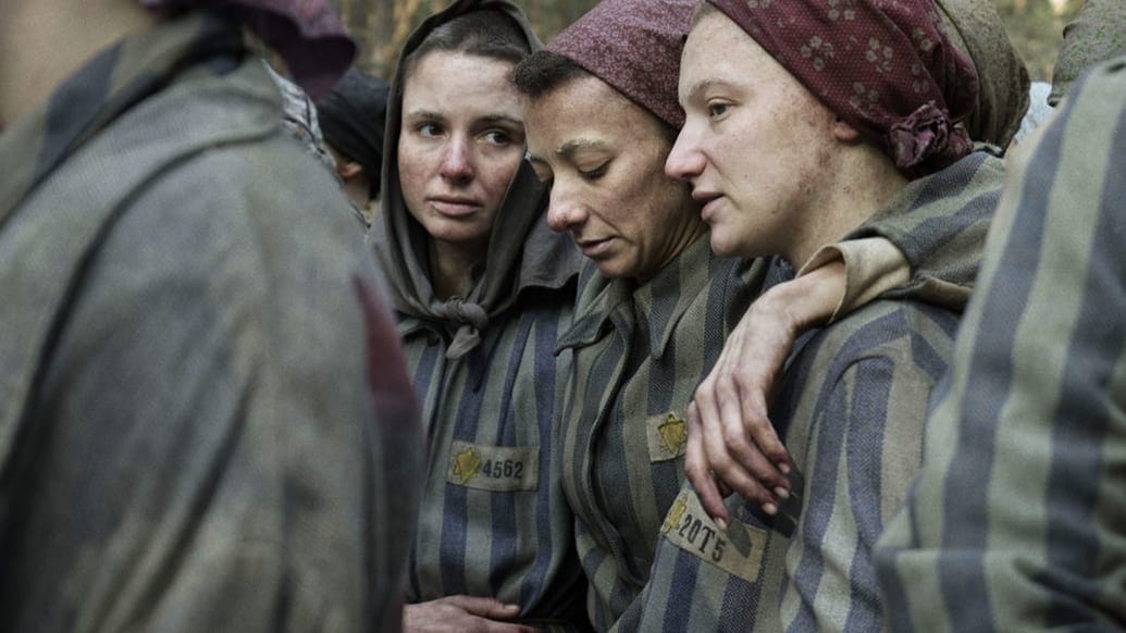 Anna Próchniak (Gita), Mili Eshet (Ivana) and Tallulah Haddon (Hanna) on the Death March from Auschwitz.