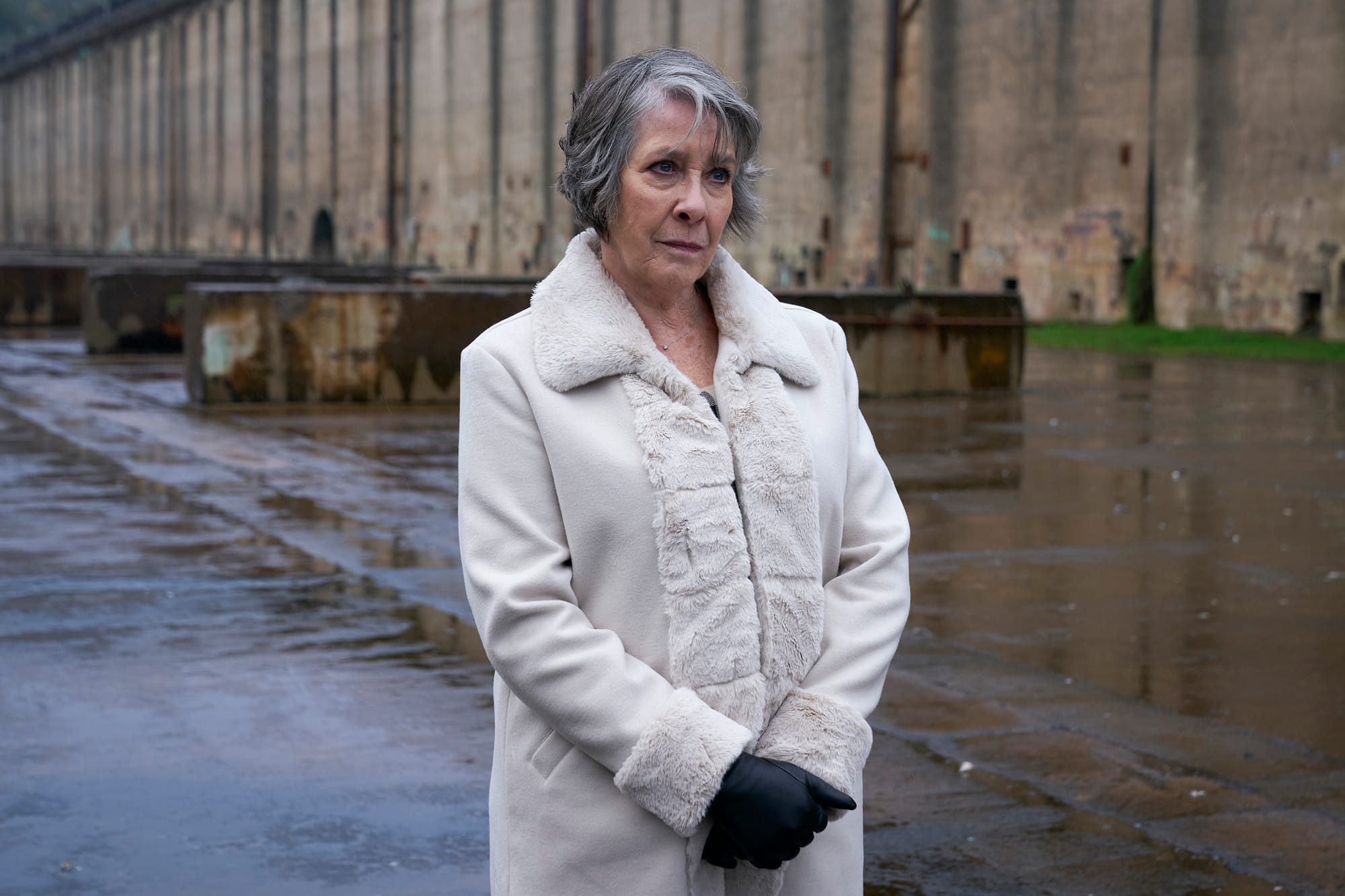 Phyllis Logan as Maggie wearing a fabulous coat in 'Guilt' Season 3
