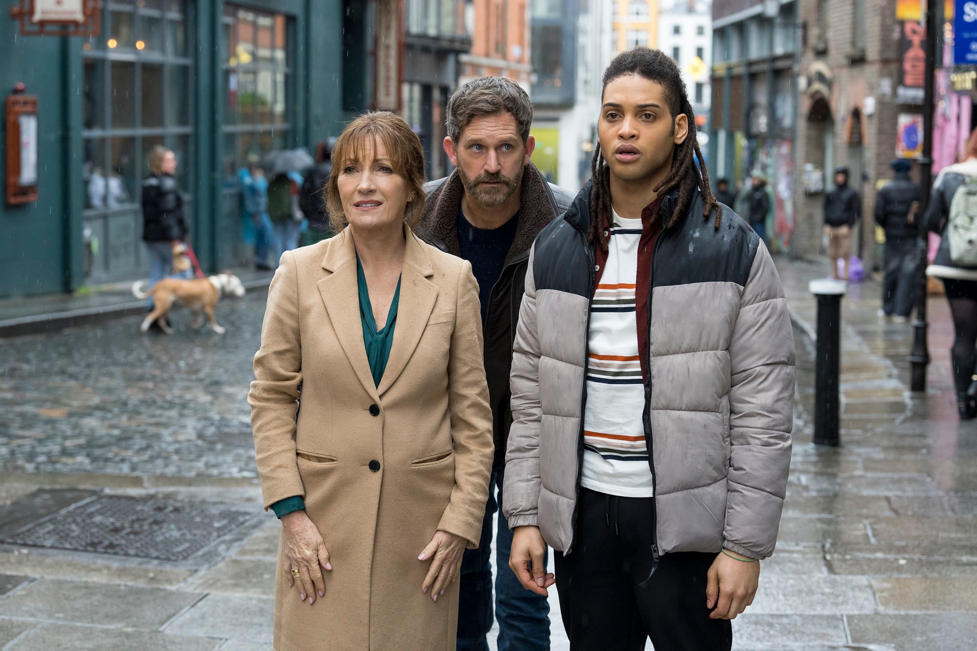 Jane Seymour as Harry W, Lochlann O'Mearáin as Harry B, and Rohan Nedd as Fergus in 'Harry Wild' Season 3