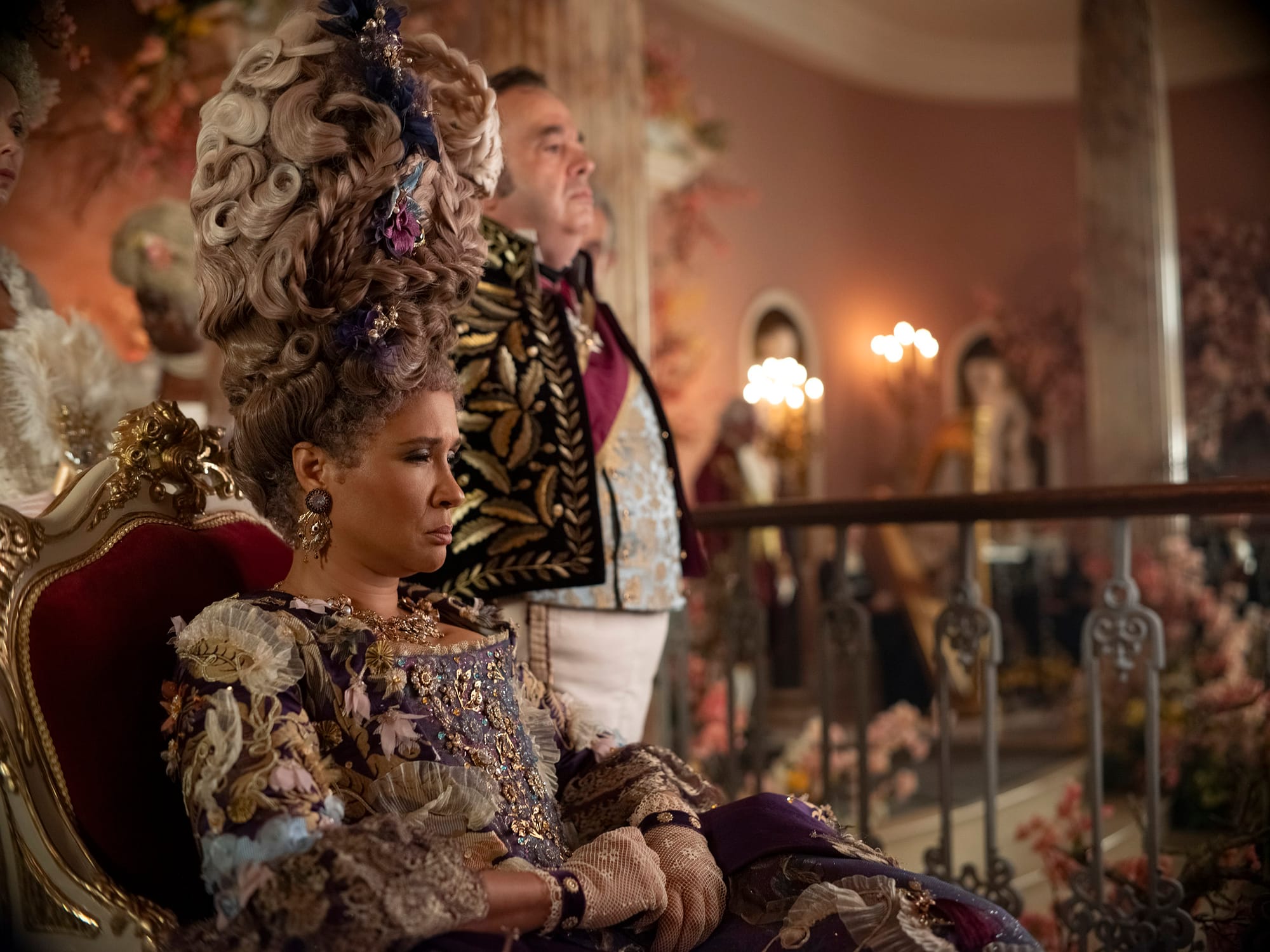 Golda Rosheuvel as Queen Charlotte flanked by Hugh Sachs as Brimsley in 'Bridgerton' Season 3