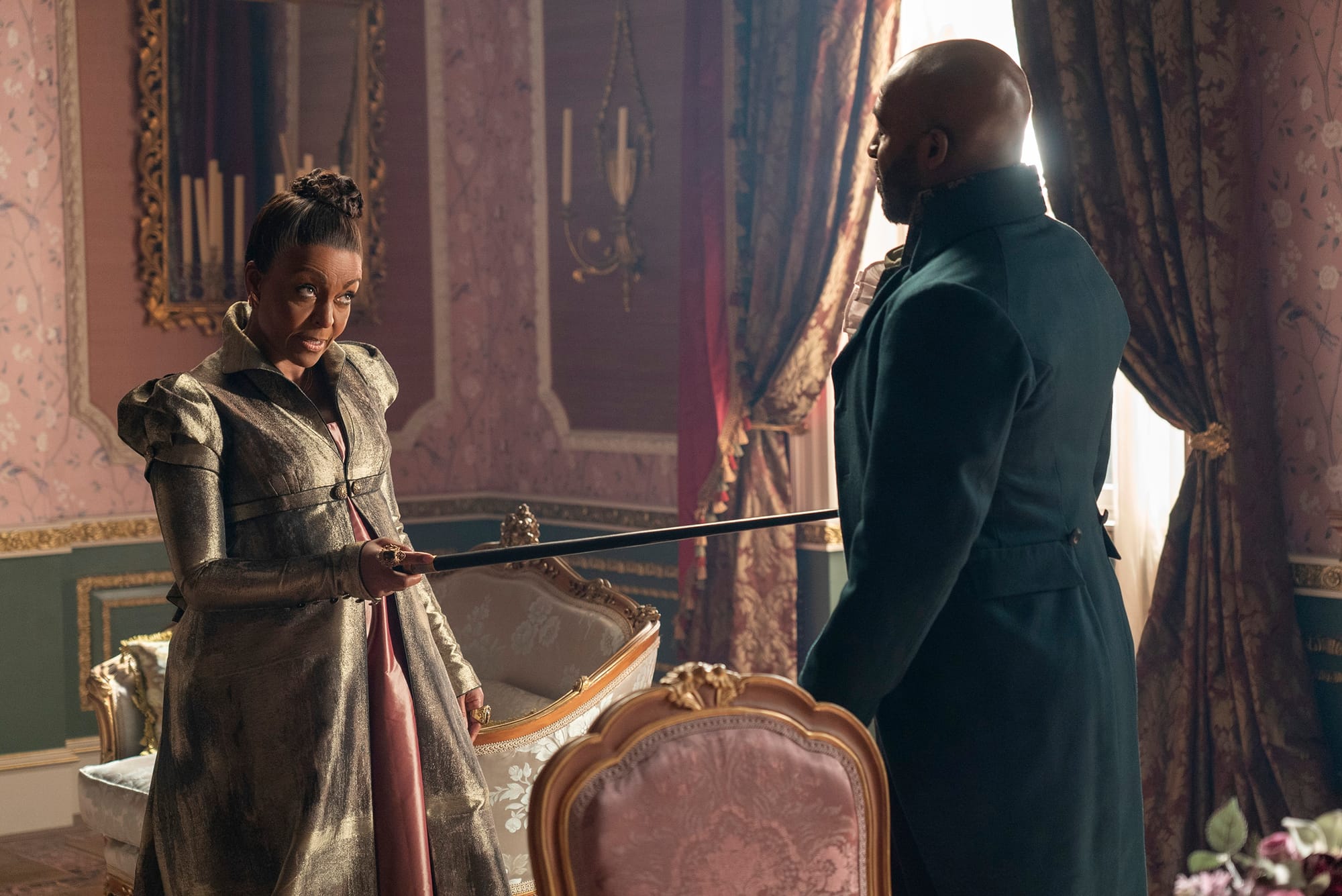 Adjoa Andoh as Lady Agatha Danbury, Daniel Francis as Lord Anderson in Bridgerton Season 3