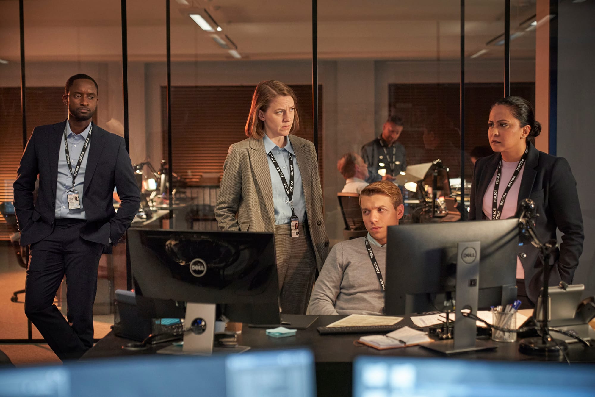 Peter Bankole as DS Kwesi Edmund, Gemma Whelan as DCI Kerry Henderson, Sam Baker-Jones as DC Liam Payne, and Parminder Nagra as DI Rachita Ray in 'D.I. Ray' Season 2