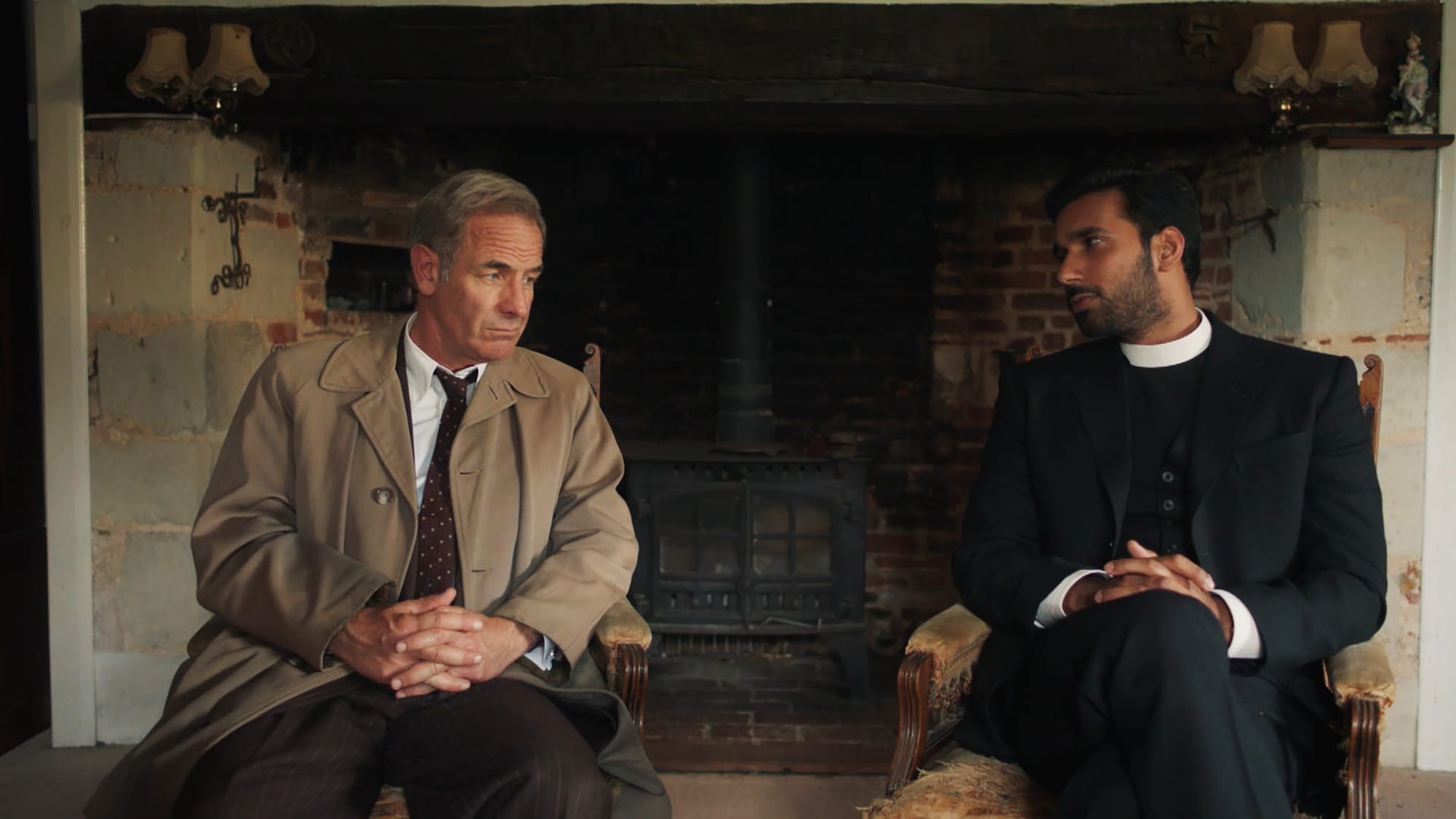 Robson Green as Geordie Keating, Rishi Nair as Alphy Kotteram in Grantchester Season 9