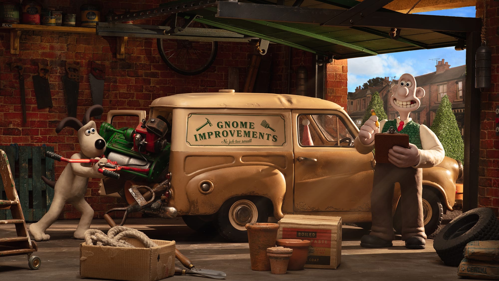 Wallace and Gromit with their new lorry featuring their business de jour, Gnome Improvements, in 'Wallace &amp; Gromit: Vengeance Most Fowl'