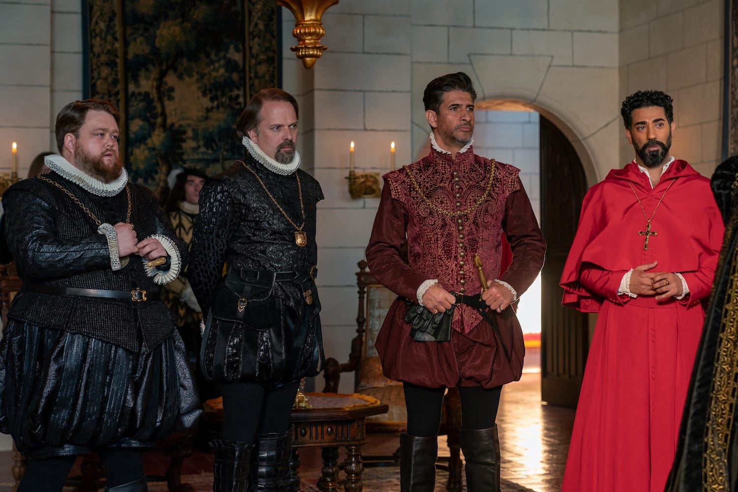 Rivals, troublemakers, and threats to France: Louis De Bourbon (Danny Kirrane), Antoine de Bourbon (Nick Burns), François de Guise (Raza Jaffrey), and Charles de Guise (Ray Panthaki).