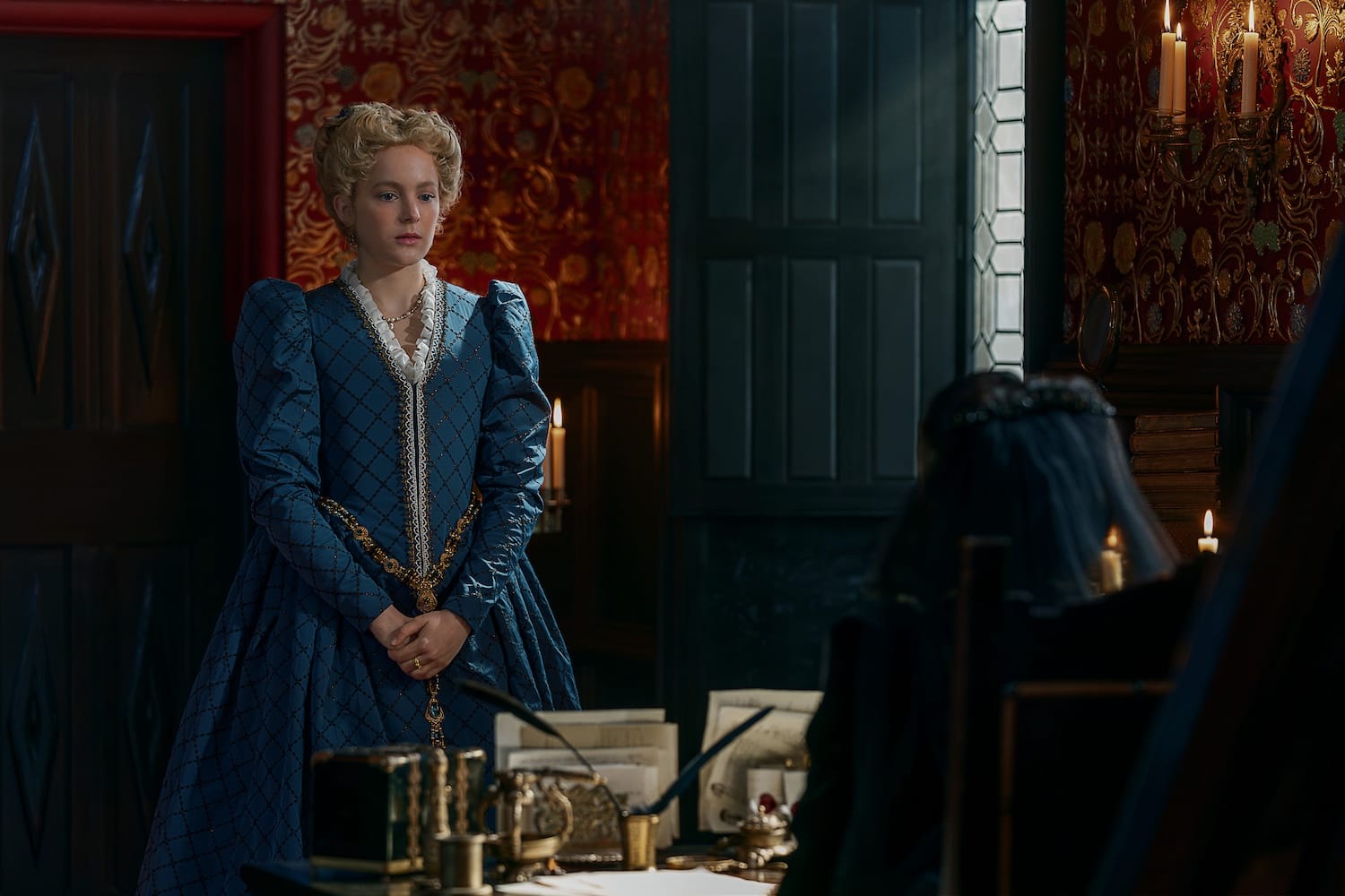 Margot (Philippine Velge) tells her mother Catherine (Samantha Morton) she want to marry Francois, Duke of Guise.