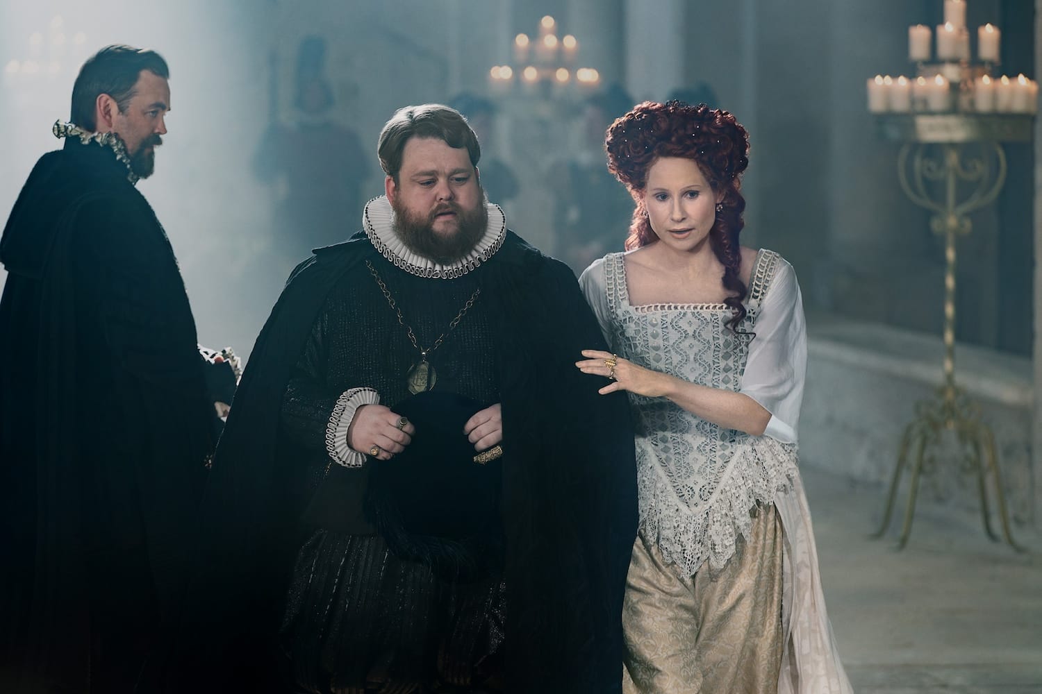 Louis de Bourbon (Danny Kirrane) is entrapped by Queen Elizabeth (Minnie Driver) and her minister Throckmorton (Alex Price).