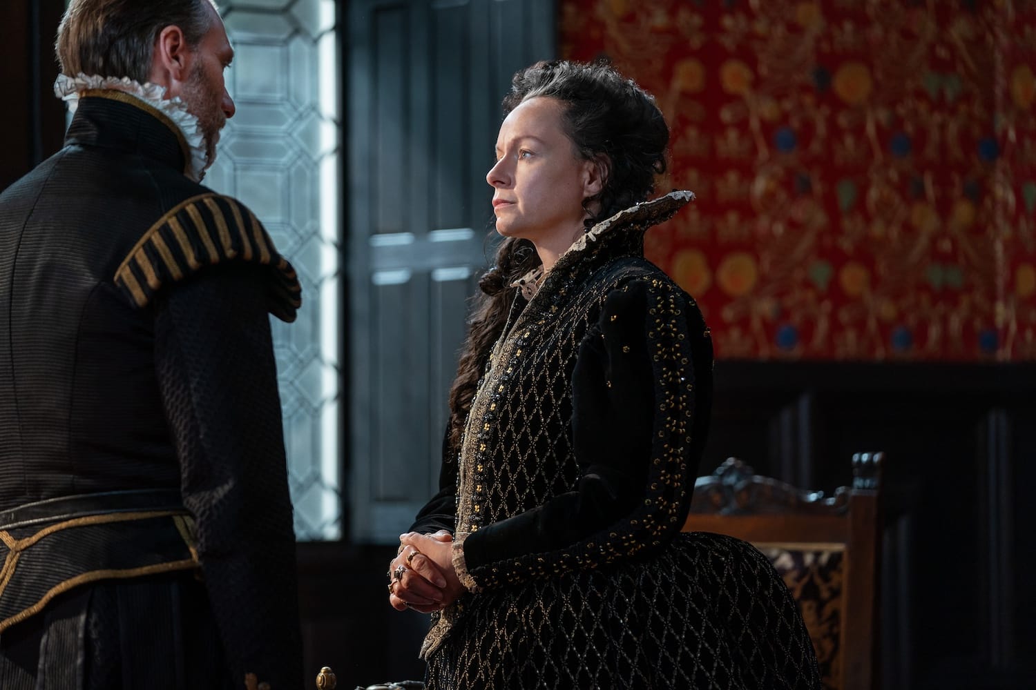 Enemies, friends, lovers ––Montmorency (Alexandre Willaume) and Catherine (Samantha Morton.