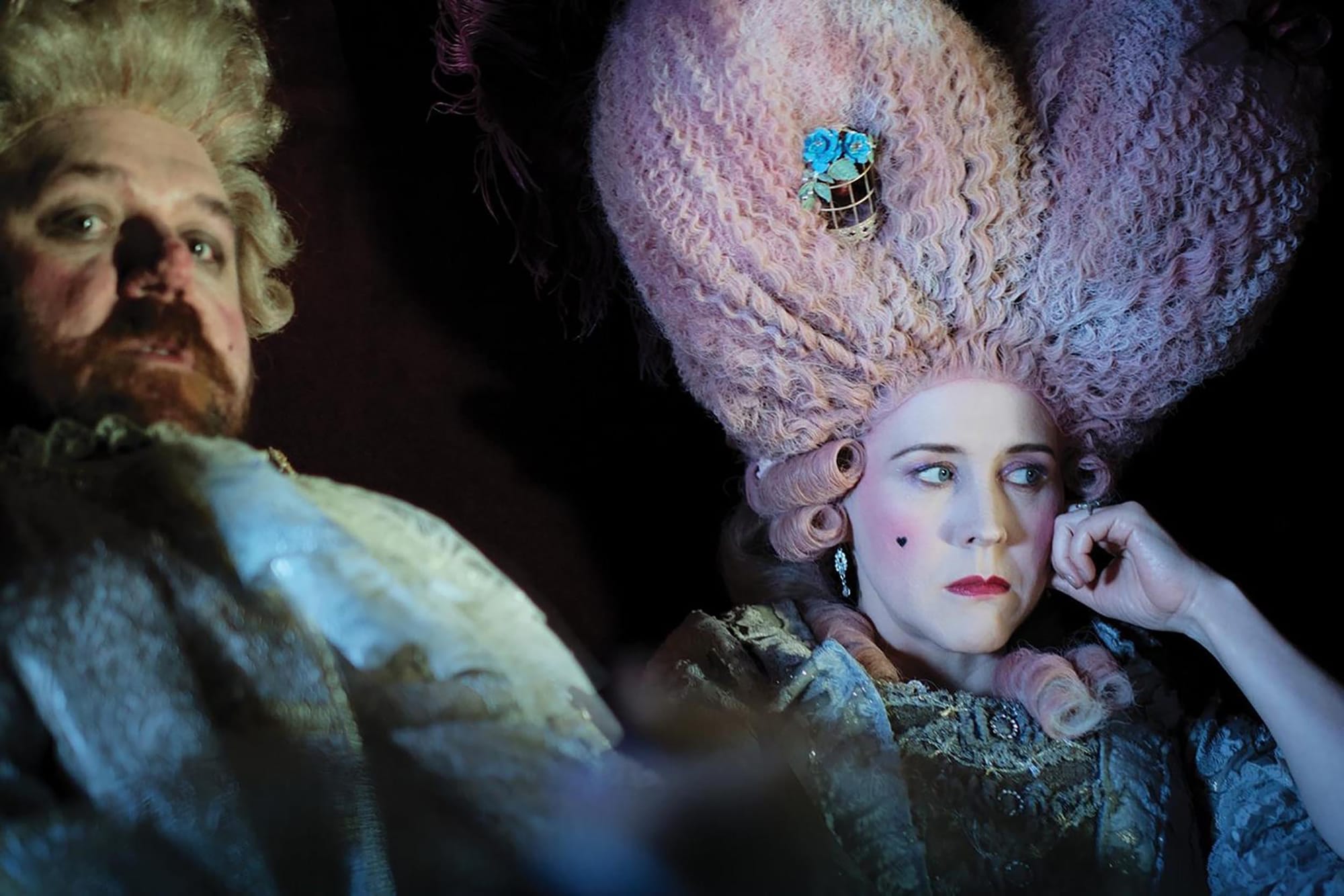 Aneurin Barnard as His Lordship and Alice Lowe as Agnes in the 1790s timeline in 'Timestalker'