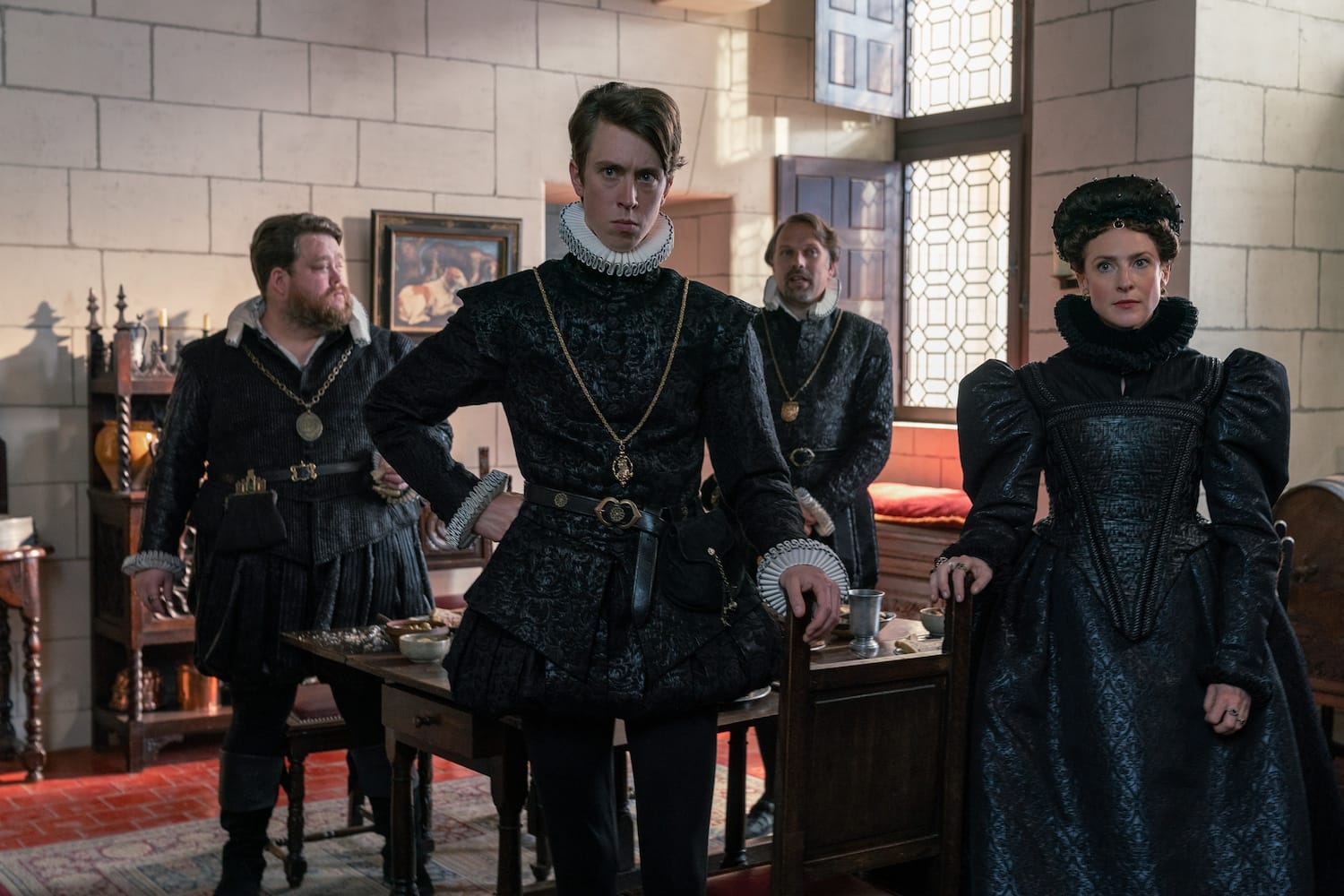 The Bourbons: Louis (Danny Kirrane), Henry (Angus Imrie), Antoine (Nick Burns), and Jeanne (Rosalie Craig).