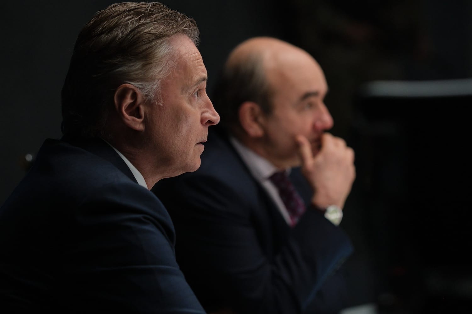 Allies for the moment, PM Robert Sutherland (Robert Carlyle) and Archie Glover-Morgan (David Haig).