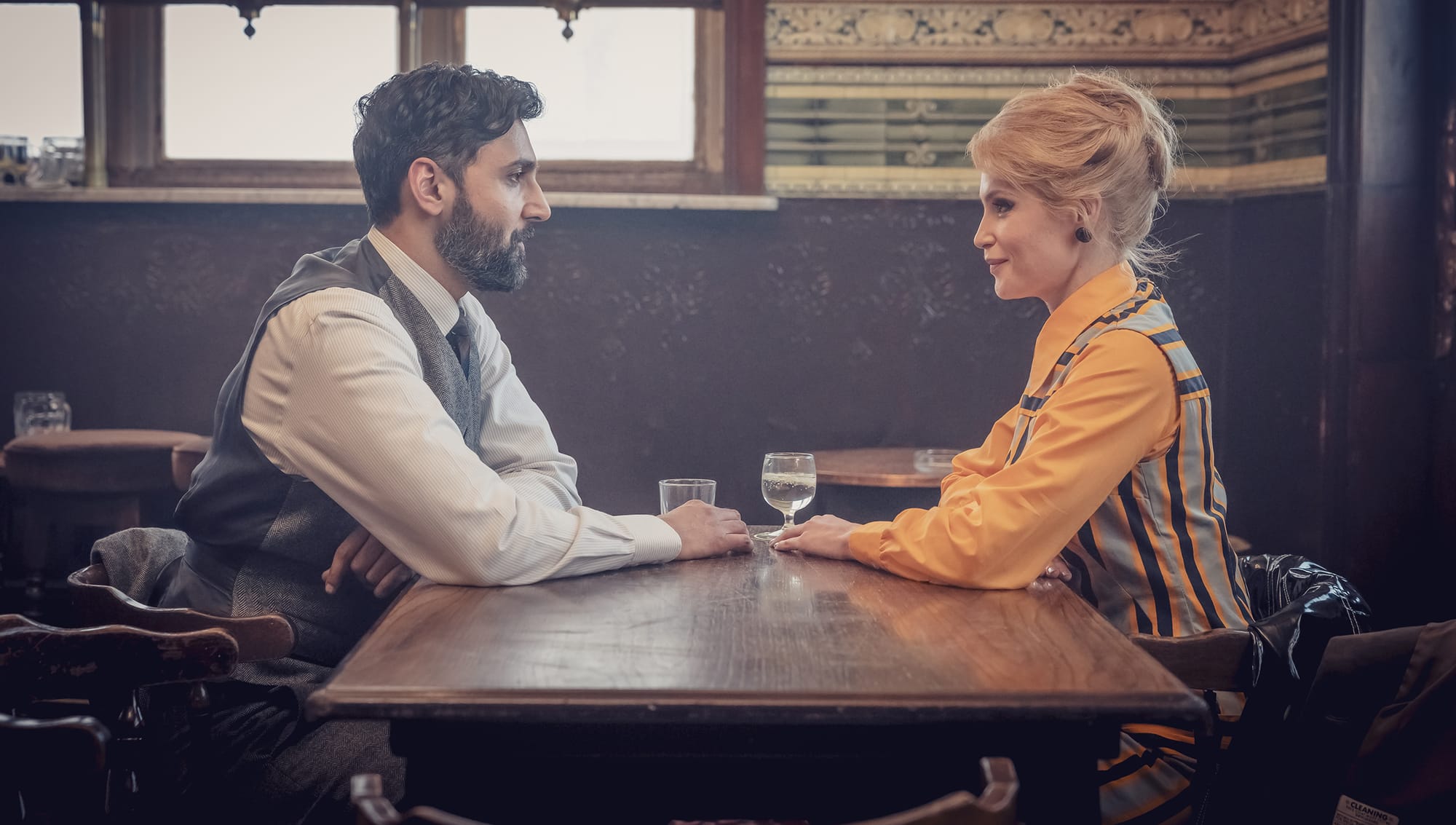 Arsher Ali as Dennis and Gemma Arterton as Barbara in 'Funny Woman' Season 2
