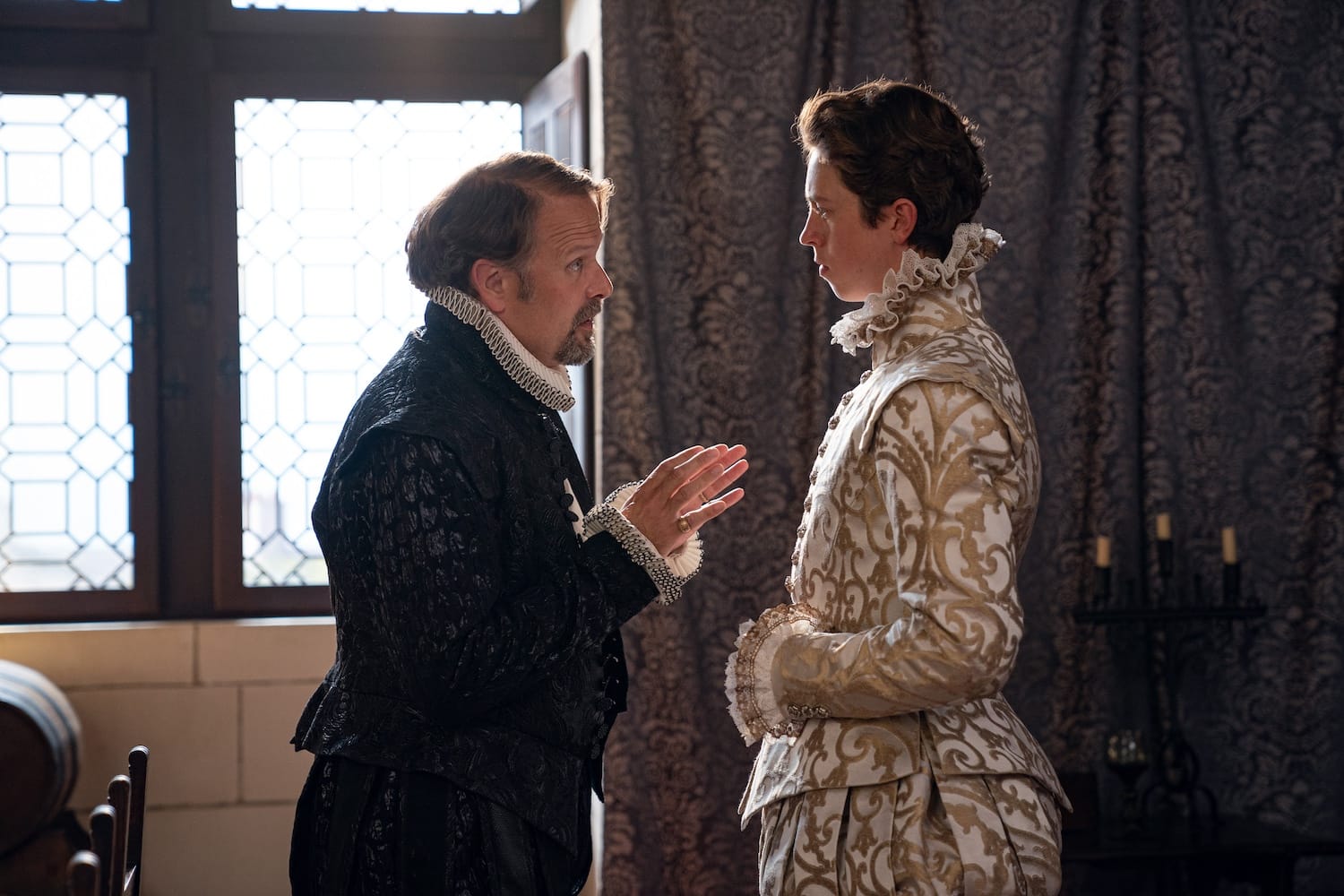 A tender moment between Antoine de Bourbon (Nicholas Burns) and his son Henri (Angus Imrie) on his wedding day.