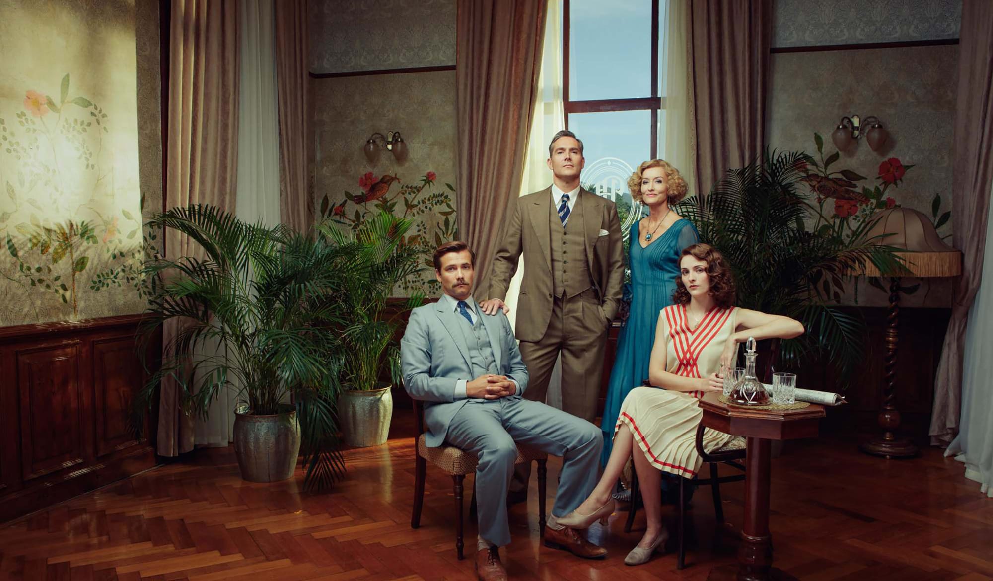 Mark Umbers, Natascha McElhone, Oliver Dench, and Olivia Morris as the Ainsworth family, Cecil, Bella, Lucian, and Alice in 'Hotel Portofino' Season 3