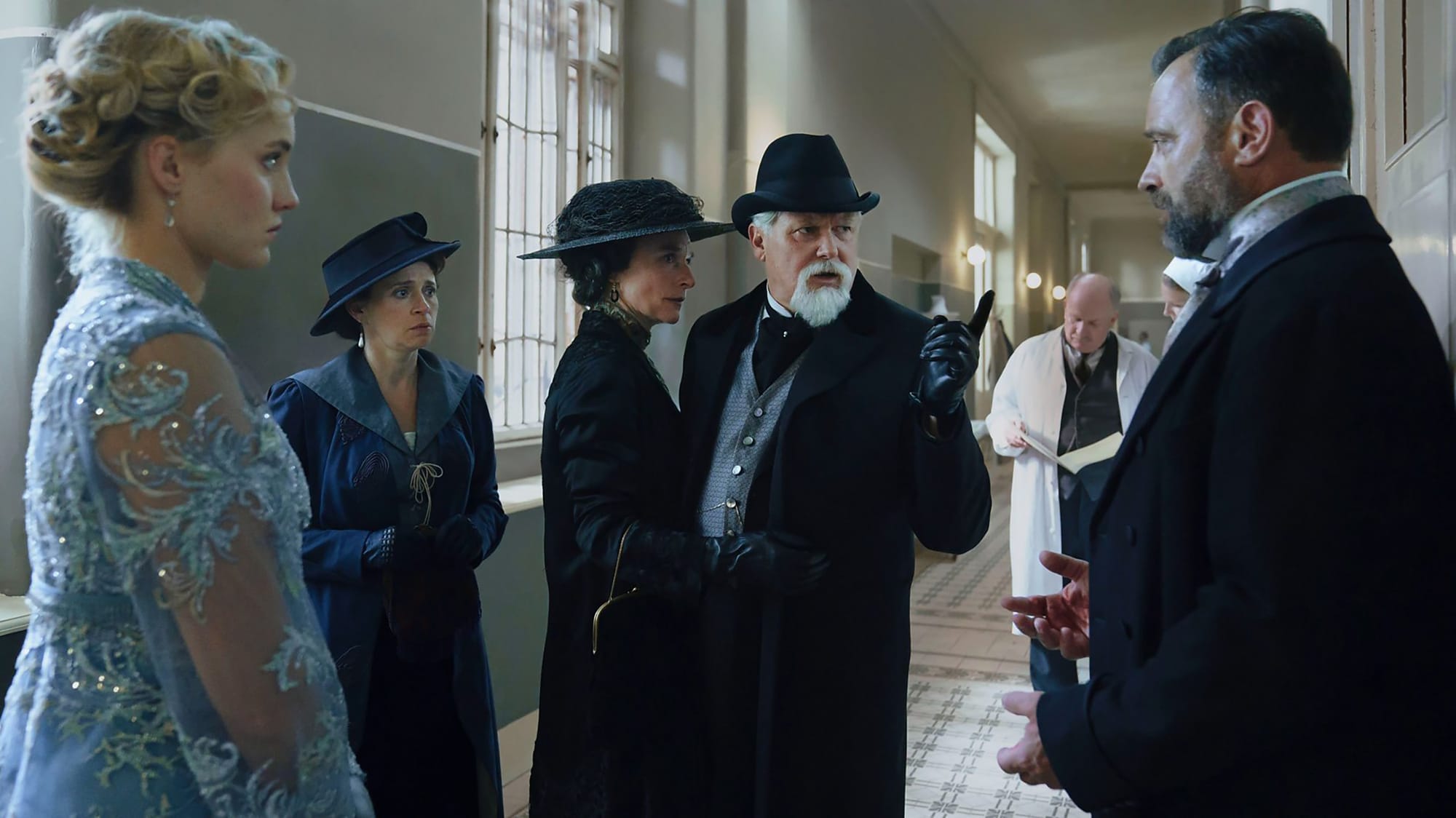 Luise Von Finckh as Clara Weiss, Charlene Mckenna as Leah Liebermann, Amelia Bullmore as Rachel Liebermann, Conleth Hill as Mendel Liebermann, Juergen Mauerer as Oskar Rheinhardt in 'Vienna Blood' Season 4