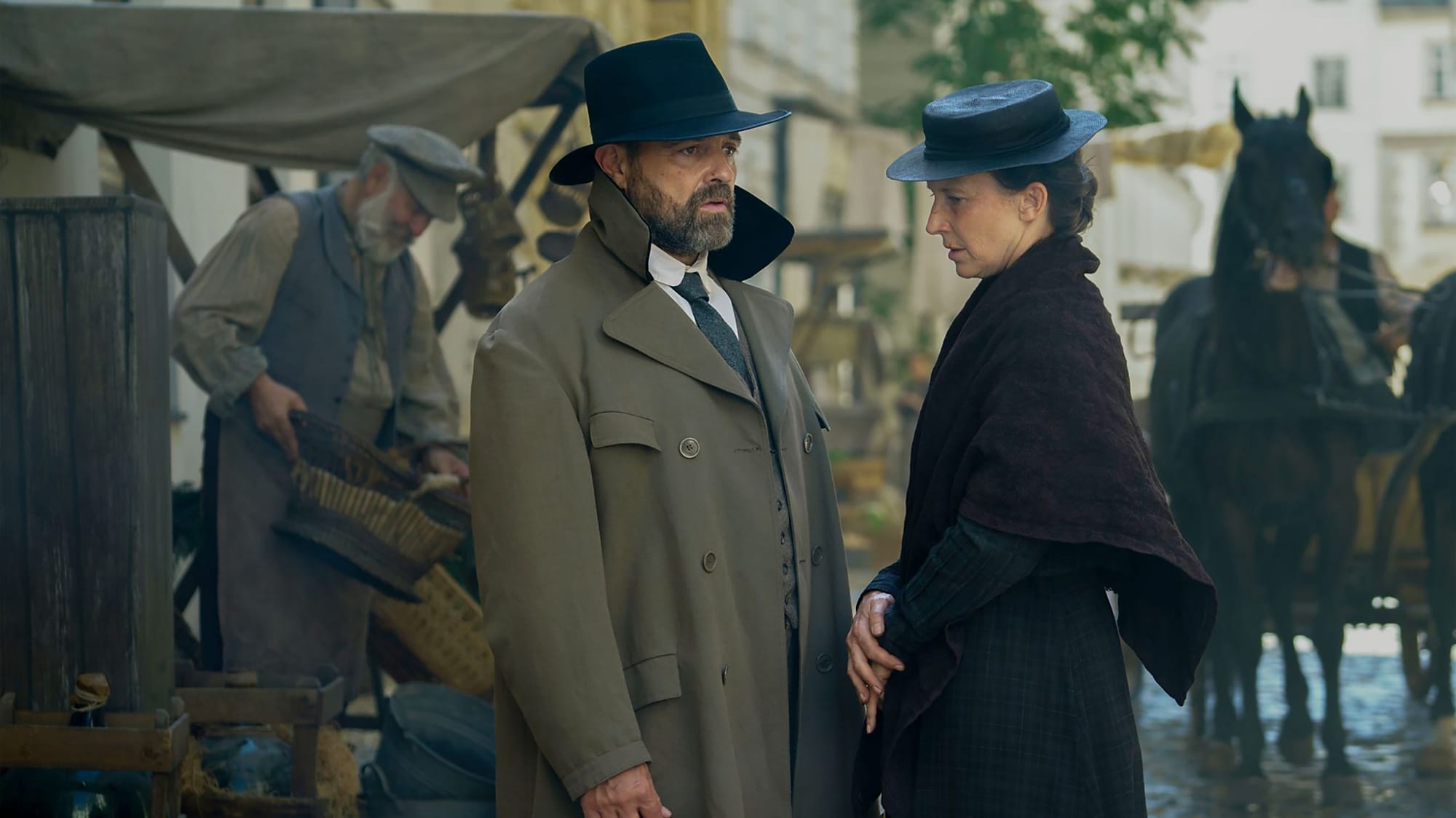 Juergen Maurer as Oskar Rheinhardt and Maria Kostlinger as Therese Thanhofer in 'Vienna Blood' Season 4