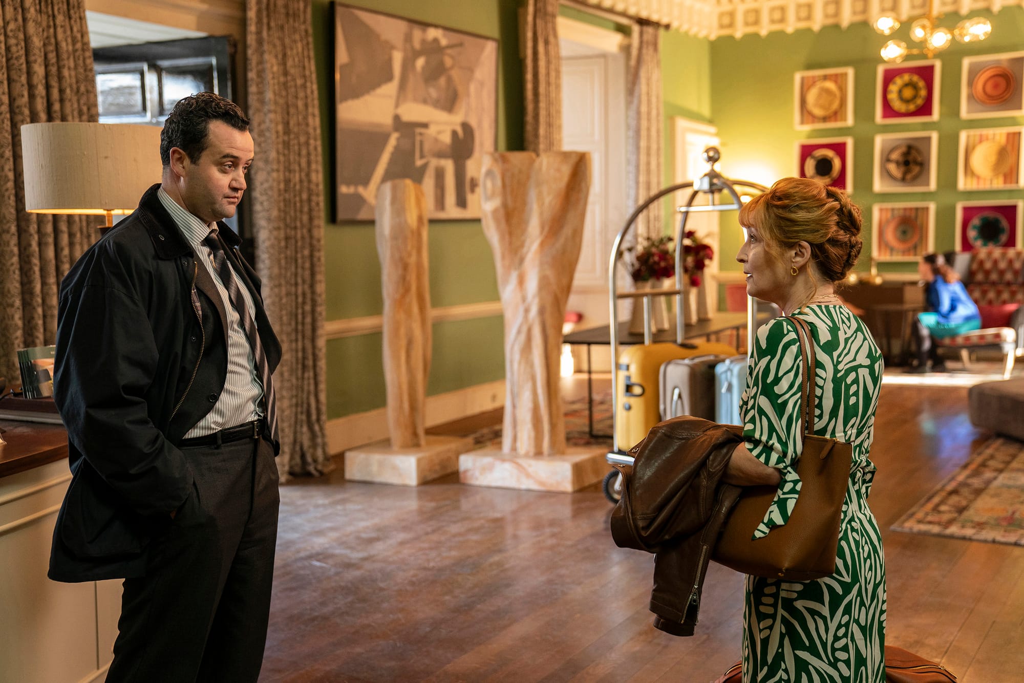 Daniel Mays as DS Locke, Lesley Manville as Susan in 'Moonflower Murders'