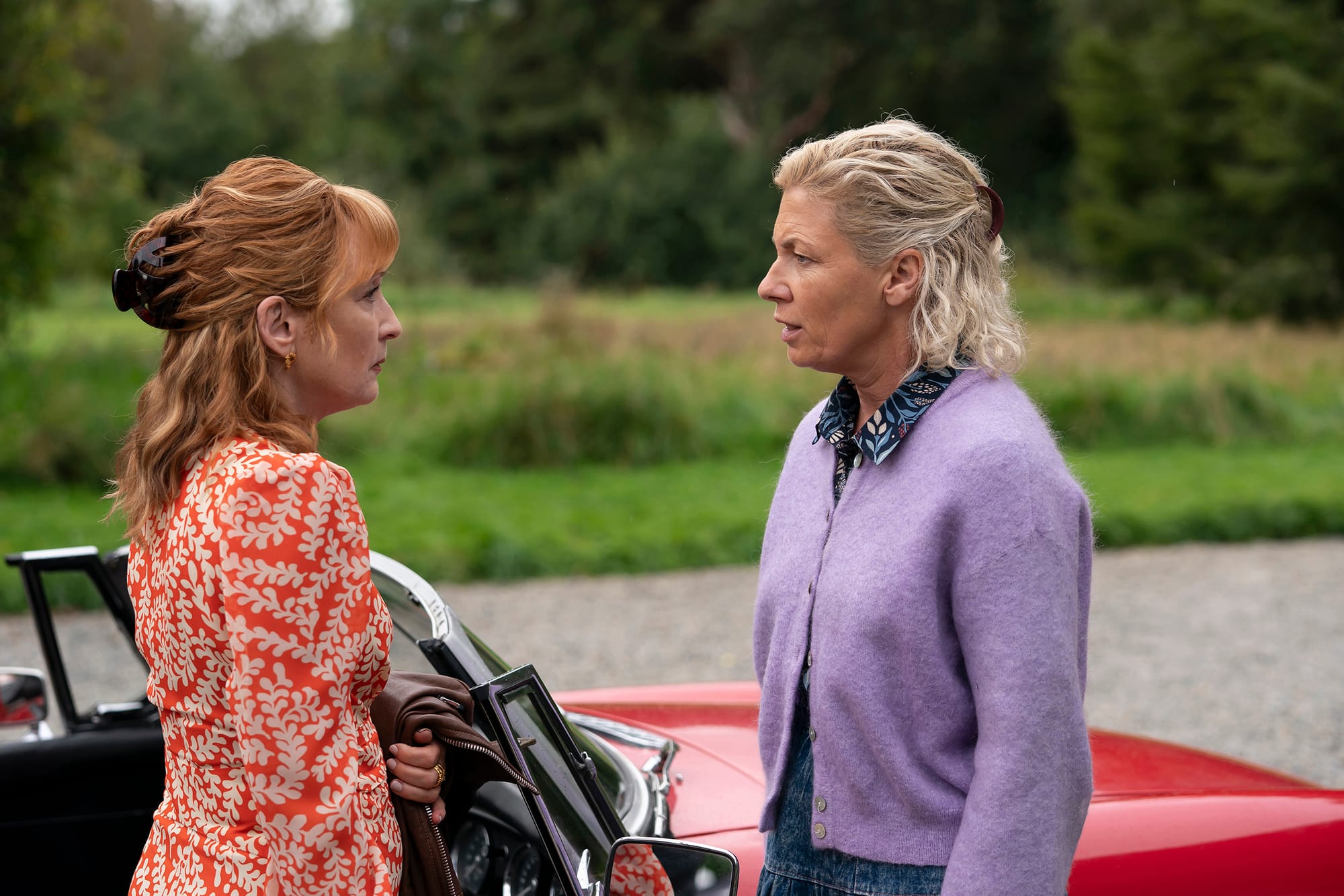 Kate Ashfield as Joanne Webster, Lesley Manville as Susan in 'Moonflower Murders'