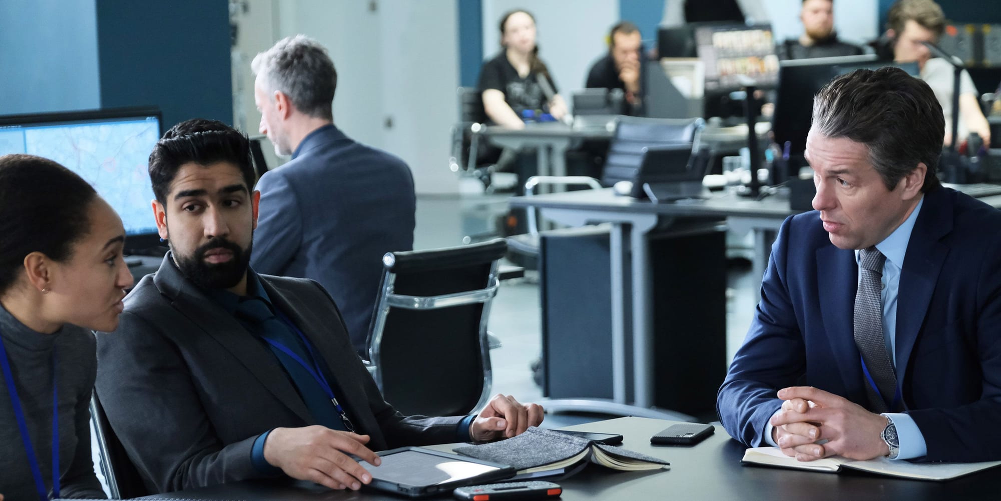 Natalie Simpson as Helen, Manuuv Thara as Amar, and Julian Ovenden as Francis in 'Trigger Point' Season 2