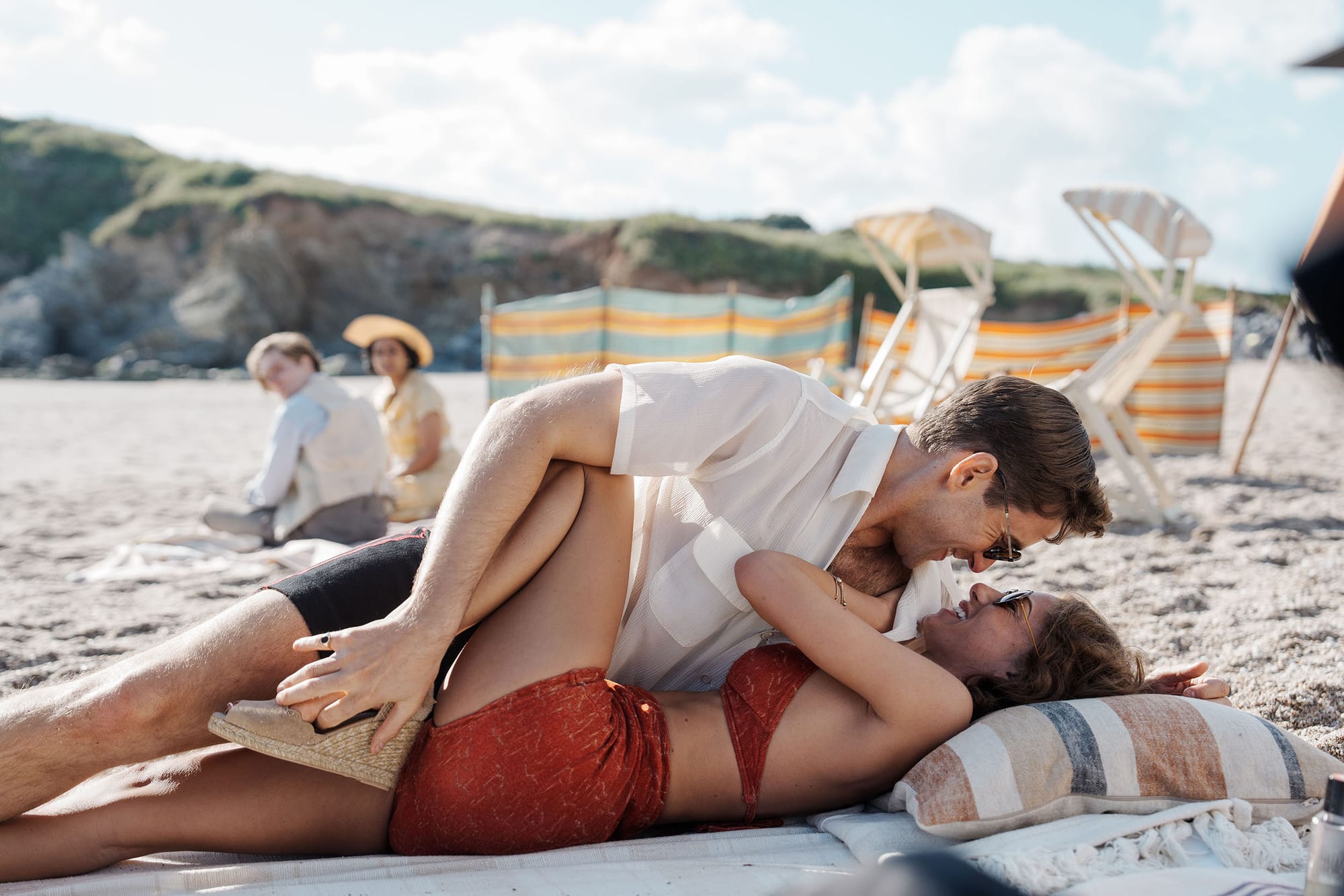 Oliver Jackson-Cohen as Nevile Strange and Mimi Keene as Kay Elliott in 'Towards Zero'