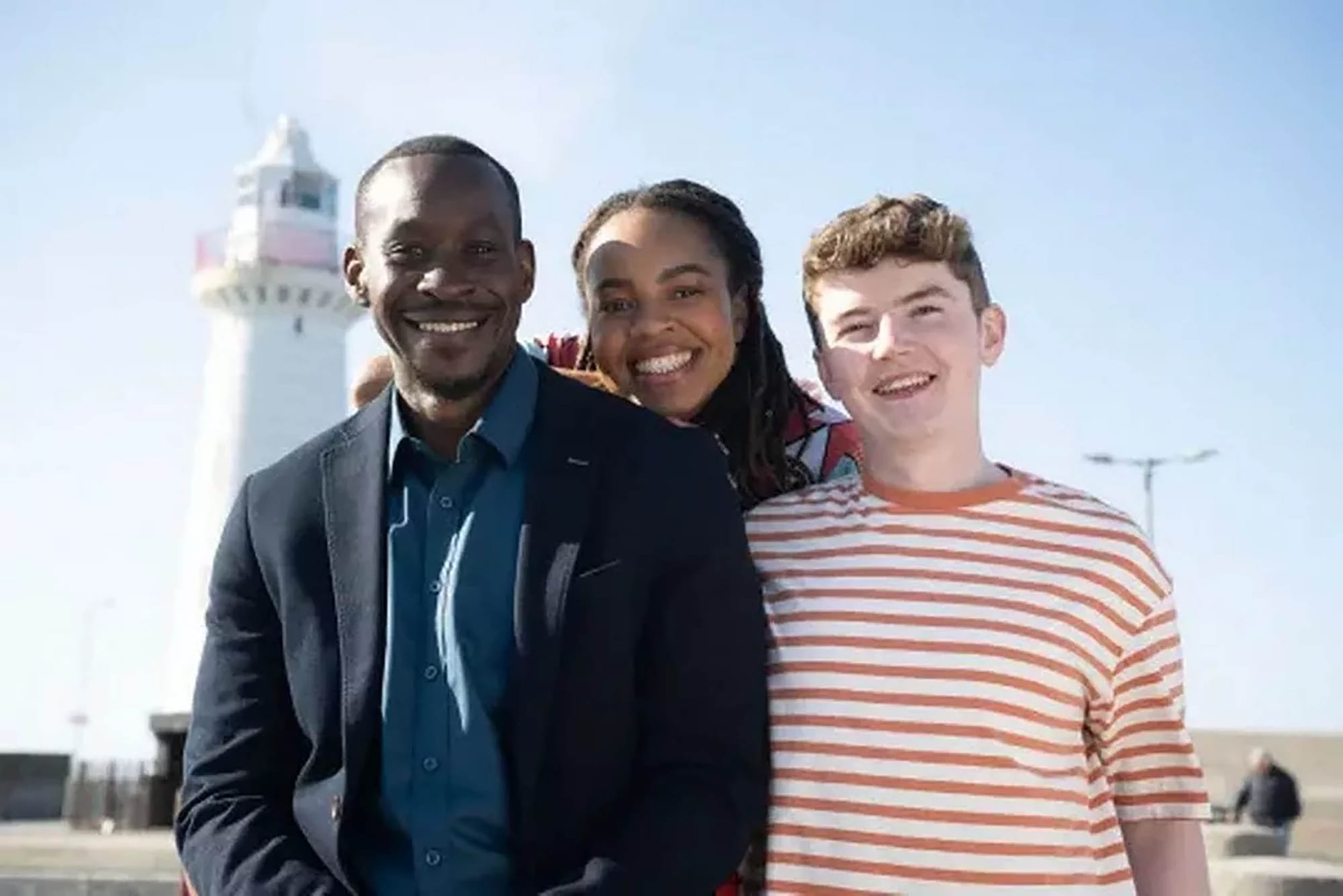 Marcus Onilude as Detective Constable Luke Jackson, RhéAna Kamalu as Chloe Jackson, and Jonny Grogan as Ross Dunlop in 'Hope Street' Season 4