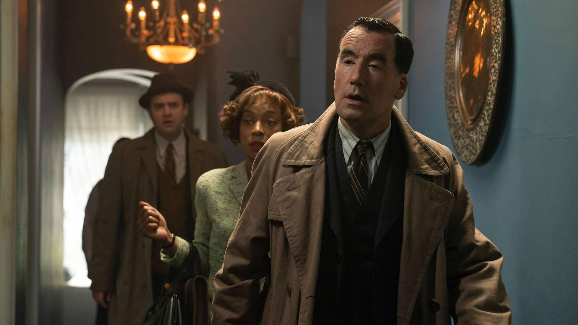 Daniel Mays as Locke/Chubb, Pippa Bennett-Warner as Madeline, and Tim McMullan as Atticus Pünd in 'Moonflower Murders' 