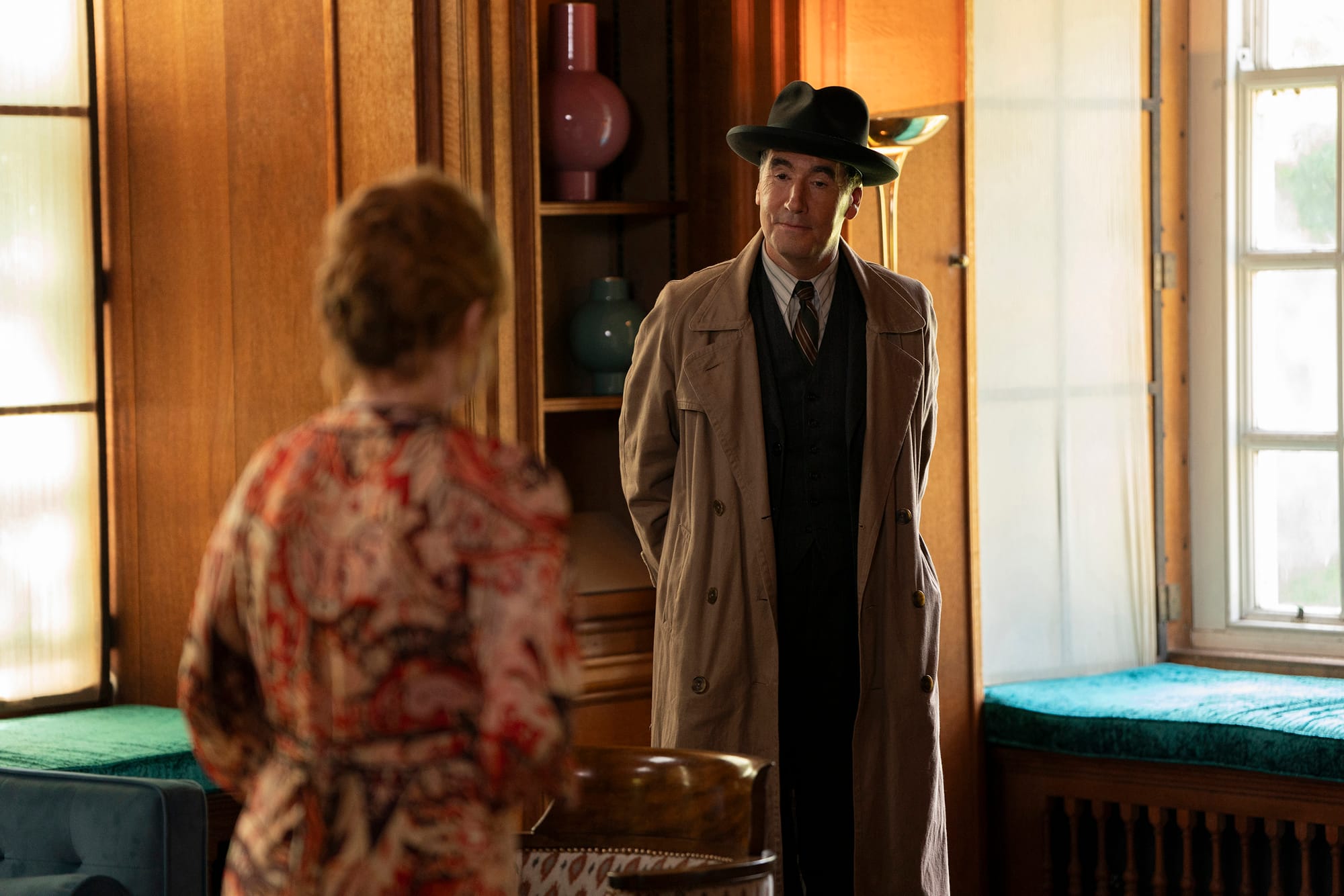 Lesley Manville as Susan Ryeland and Tim McMullen as Atticus Pünd in 'Moonflower Murders'