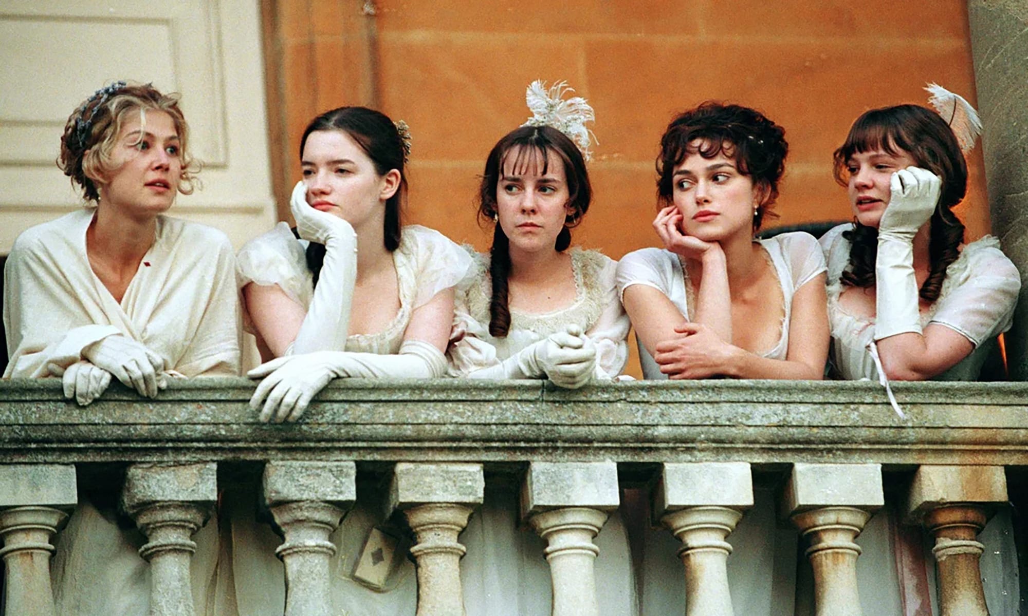 Rosamund Pike as Jane Bennet, Talulah Riley as Mary Bennet, Jena Malone as Lydia Bennet, Keira Knightley as Elizabeth Bennet, and Carey Mulligan as Kitty Bennet in 'Pride &amp; Prejudice'&nbsp;