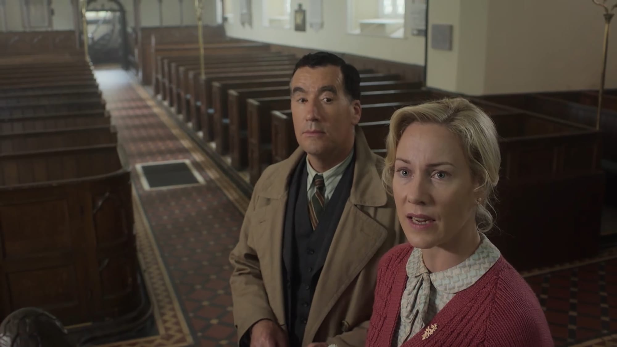 Jeany Spark as Samantha Collins and Tim McMullen as Atticus Pünd in 'Moonflower Murders'