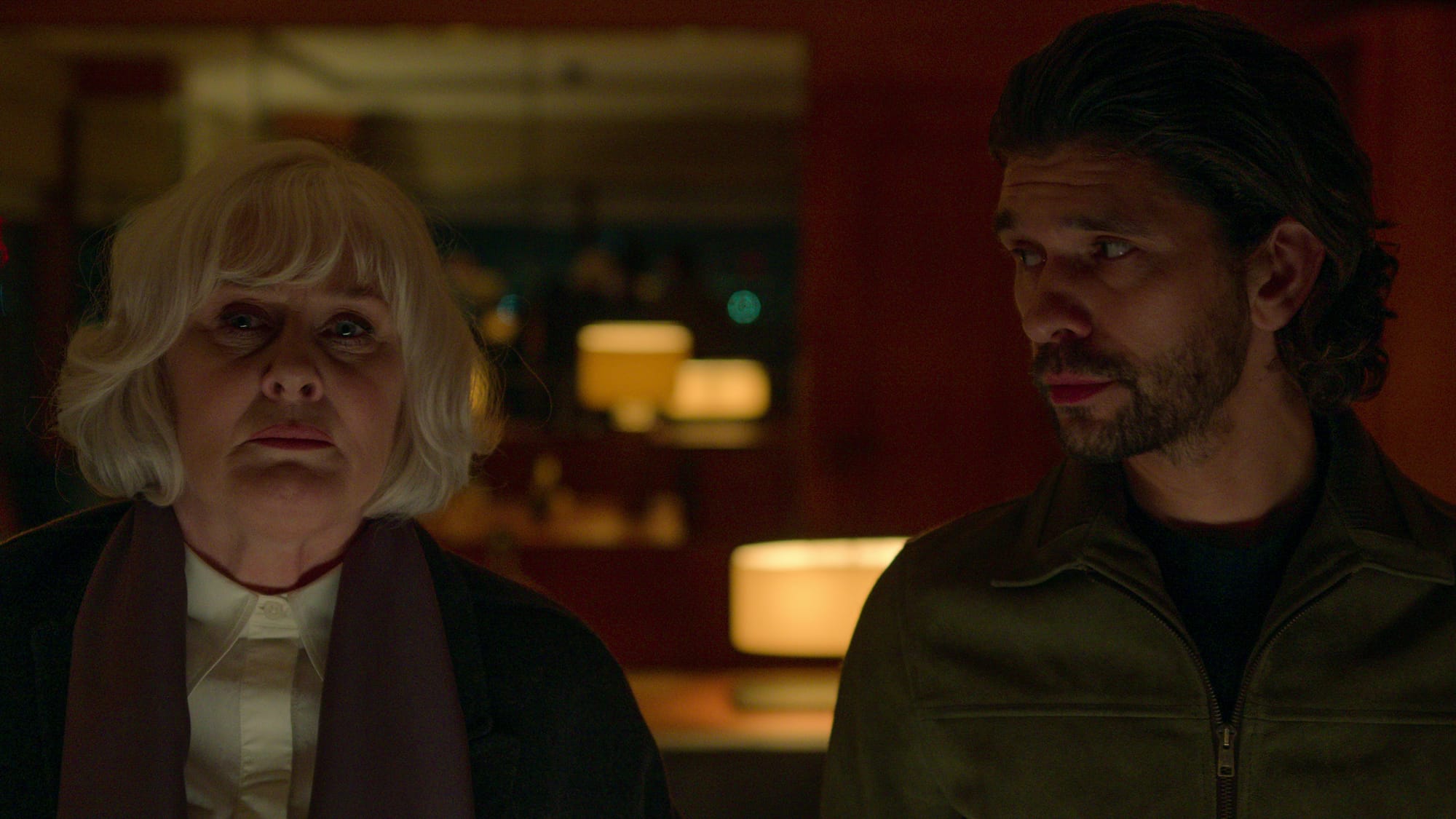 Sarah Lancashire as Reed and Ben Whishaw as Sam in 'Black Doves' Season 1
