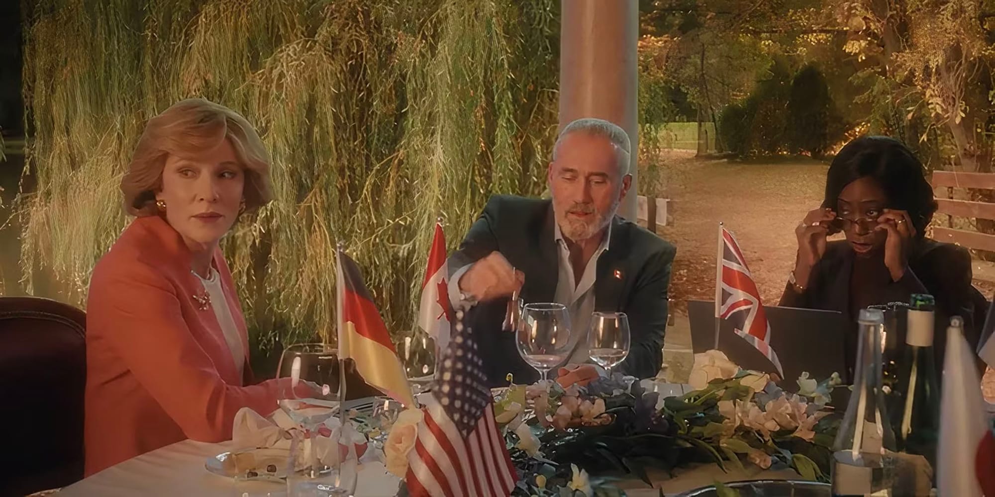 Cate Blanchett as German Chancellor Hilda Ortmann, Roy Dupuis as Canadian PM Maxime Laplace, and Nikki Amuka-Bird as U.K. PM Cardosa Dewindt in 'Rumours'