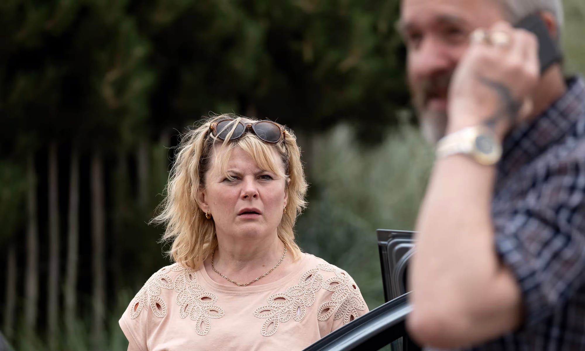 Monica Dolan as Ann Branson and Perry Fitzpatrick as Rory Sparrow in 'Sherwood'