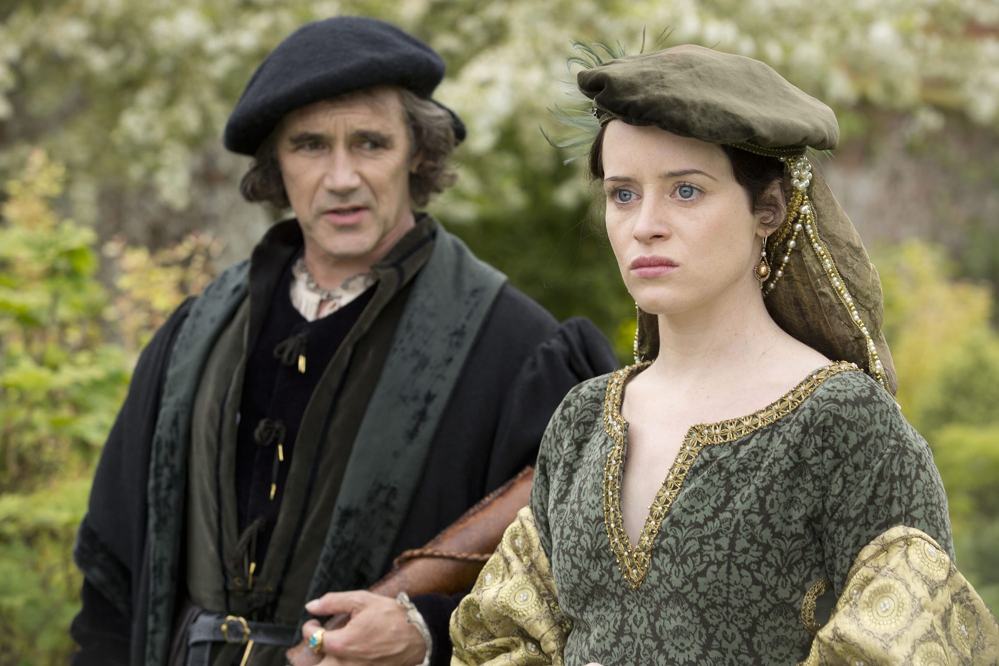 Mark Rylance as Thomas Cromwell, Claire Foy as Anne Boleyn in 'Wolf Hall' Season 1