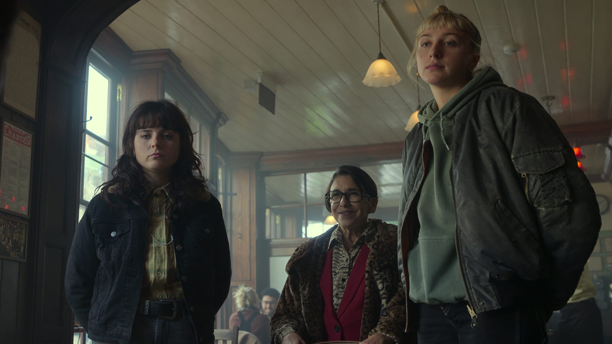 Gabrielle Creevy as Eleanor, Kathryn Hunter as Lenny, and Ella Lily Hyland as Williams in 'Black Doves Season 1