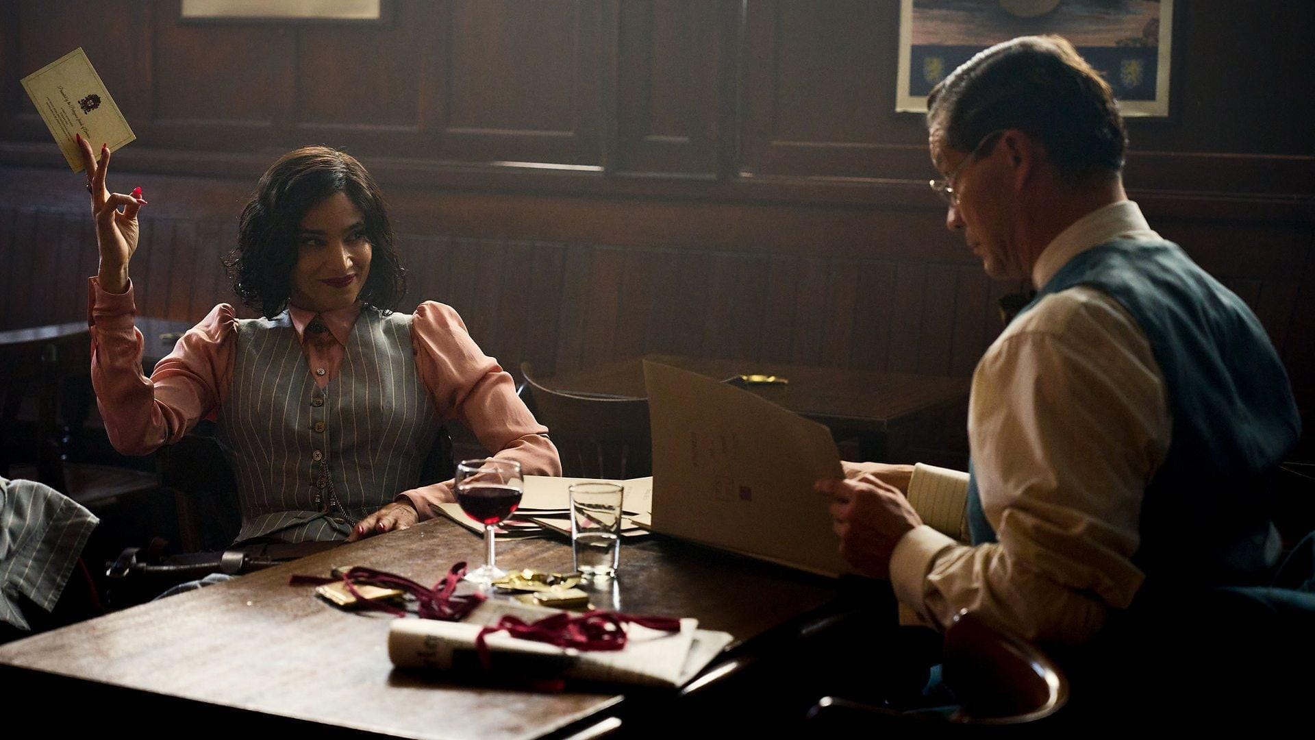 Sofia Boutella as Eve Mansour and Dominic Cooper as Dudley Clarke in 'Rogue Heroes' Season 2