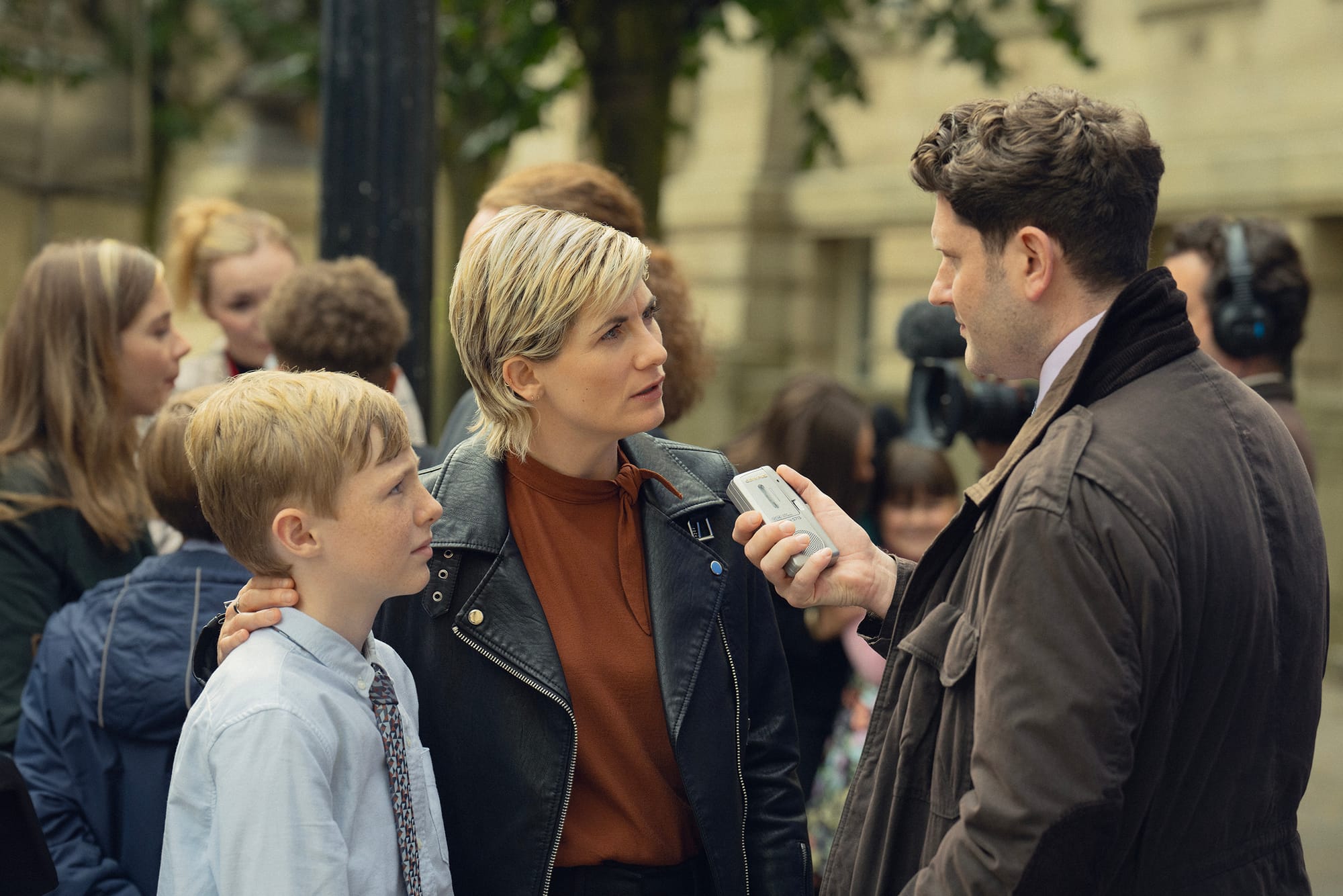 Toby Eden, Jodie Whittaker, and Matthew James Hinchliffe in 'Toxic Town' Season 1