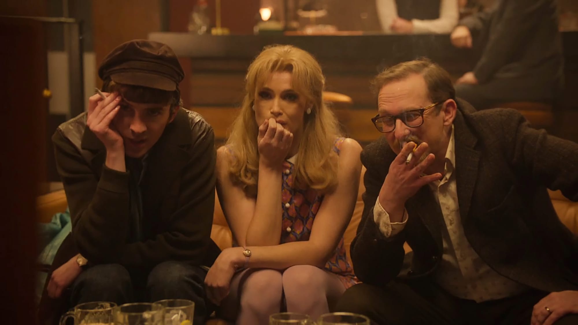 Matthew Beard as Bill, Gemma Arterton as Sophie, and Leo Bill as Tony in 'Funny Woman' Season 2