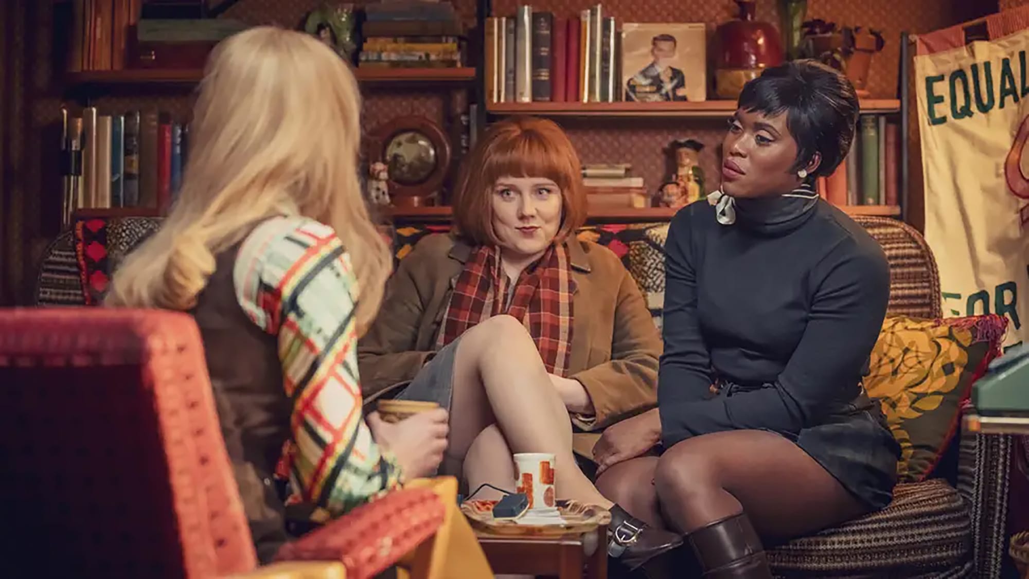 Gemma Arterton as Sophie, Alexa Davies as Marj, and Clare Hope Ashitey as Diane in 'Funny Woman' Season 2