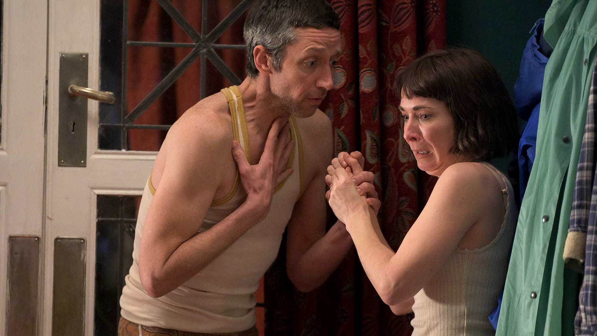 Rhodri Meilir as Clive and Nia Roberts as Margaret in Tree on a Hill/Pren ar y Bryn