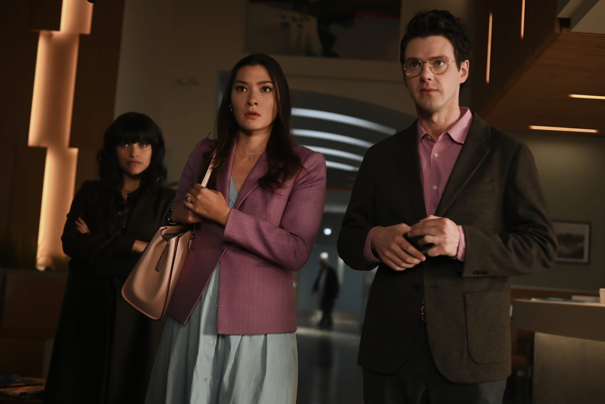 Eve Harlow as Dr. Ingrid Derian, Inga Schlingmann as Dr. Sasha Lubbock, and Peter Mark Kendall as Dr. Stephens Croft in 'Watson' Season 1