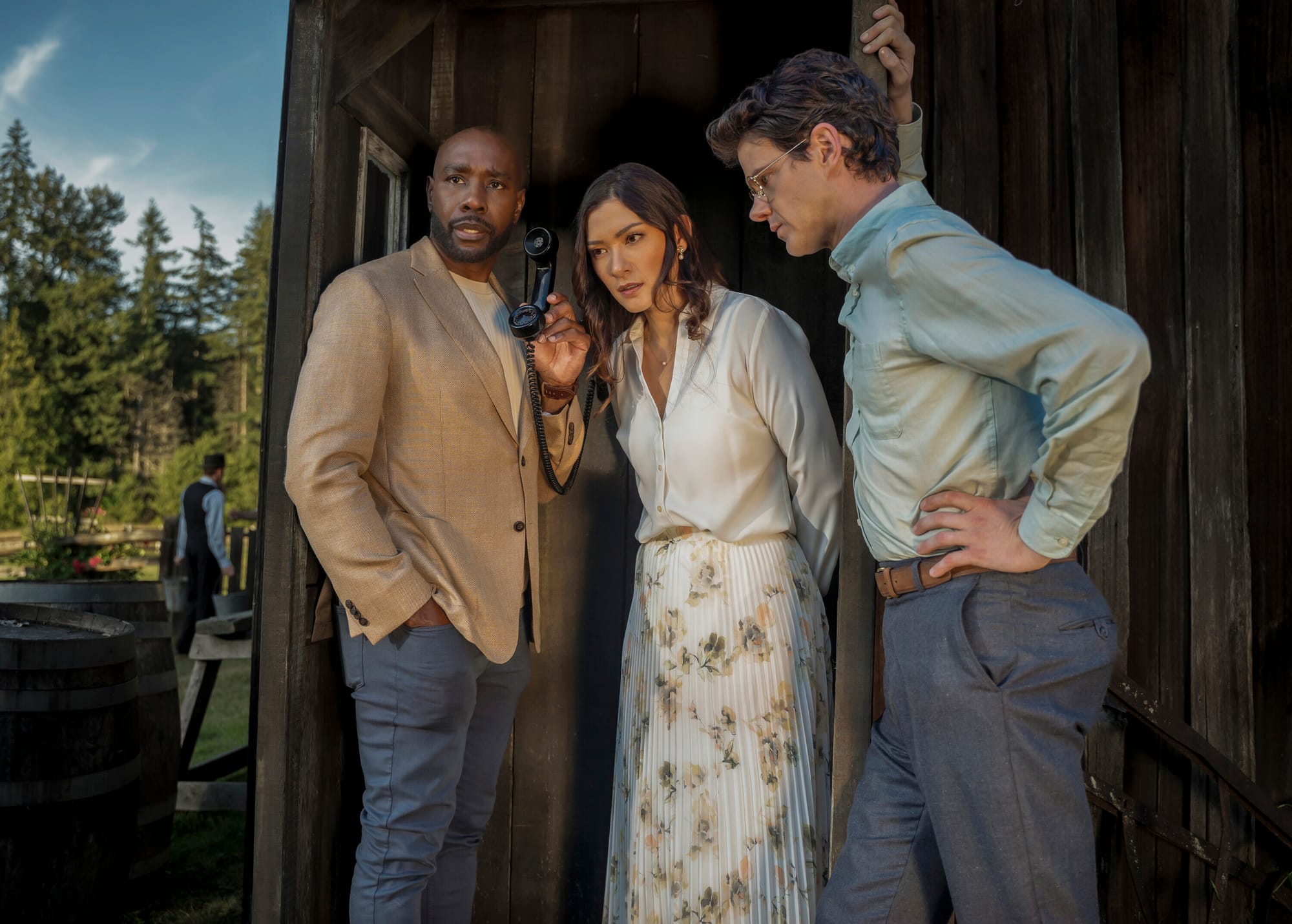 Morris Chestnut as Dr. John Watson, Inga Schlingmann as Dr. Sasha Lubbock, and Peter Mark Kendall as Dr. Adam Croft in 'Watson' Season 1