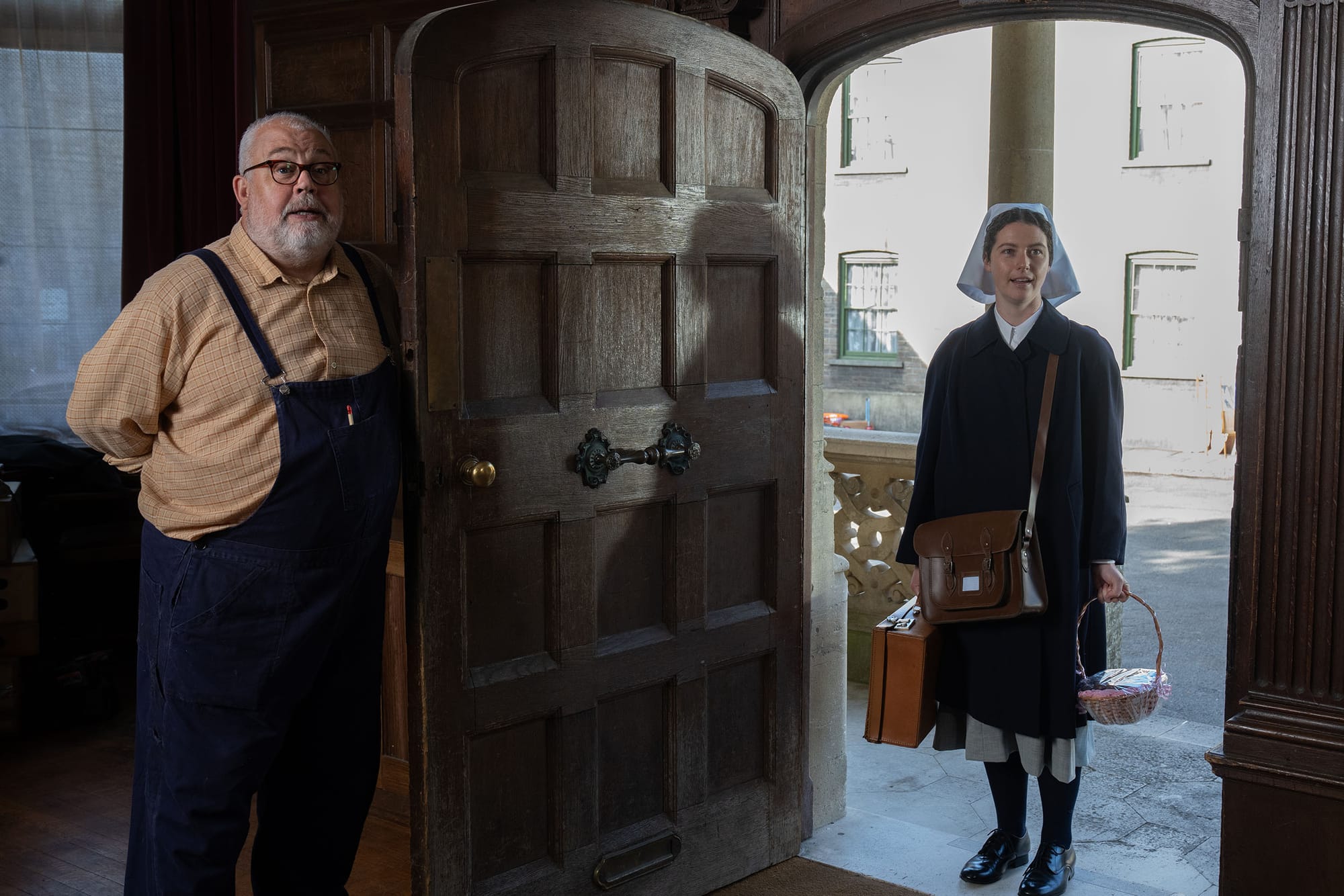 Cliff Parsi as Fred Buckle and Molly Vevers as Sister Catherine in 'Call the Midwife' Season 14