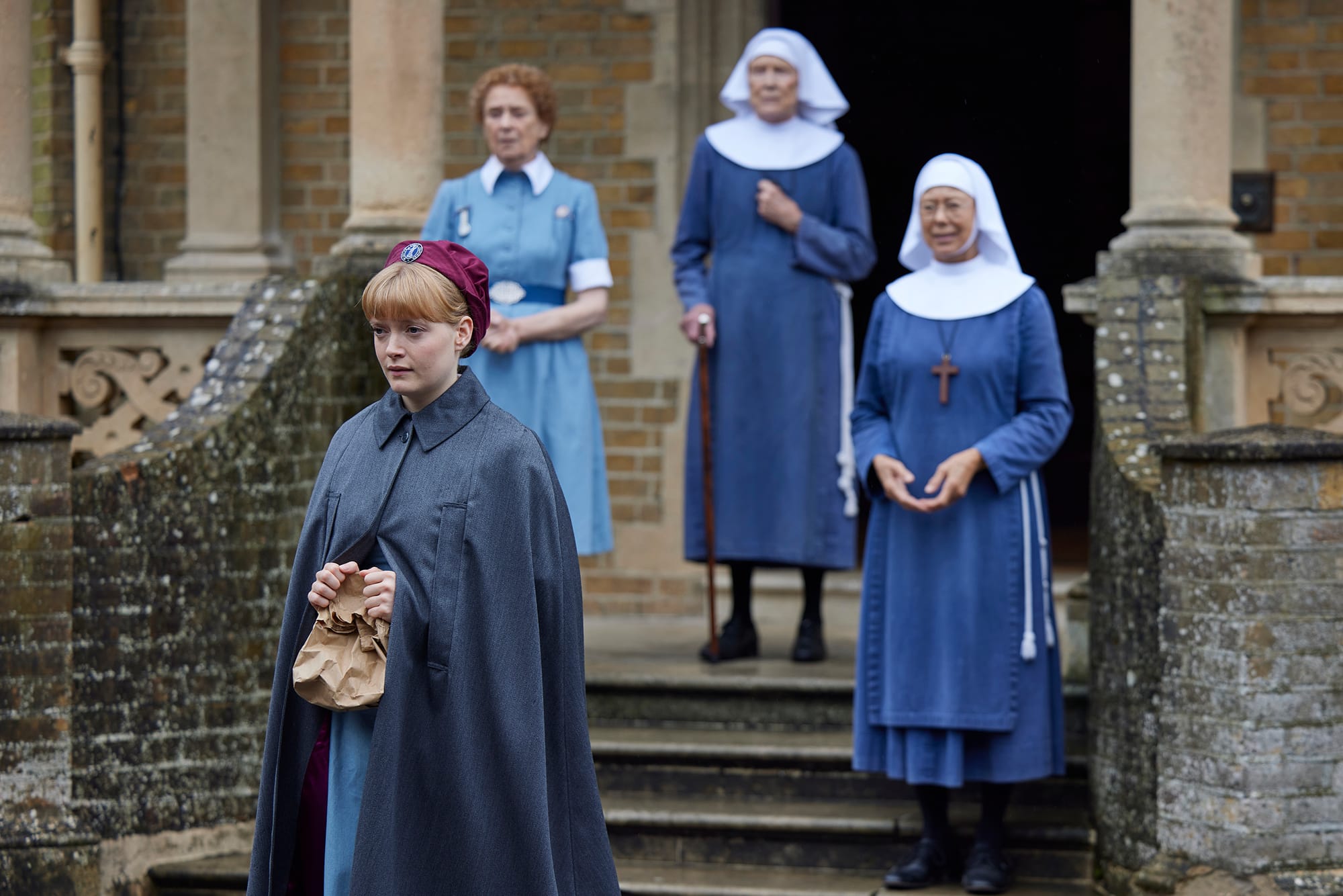 Natalie Quarry as Rosalind, Linda Bassett as Nurse Crane, Judy Parfitt as Sister Monica Joan, and Jenny Agutter as Sister Julienne in 'Call the Midwife' Season 14