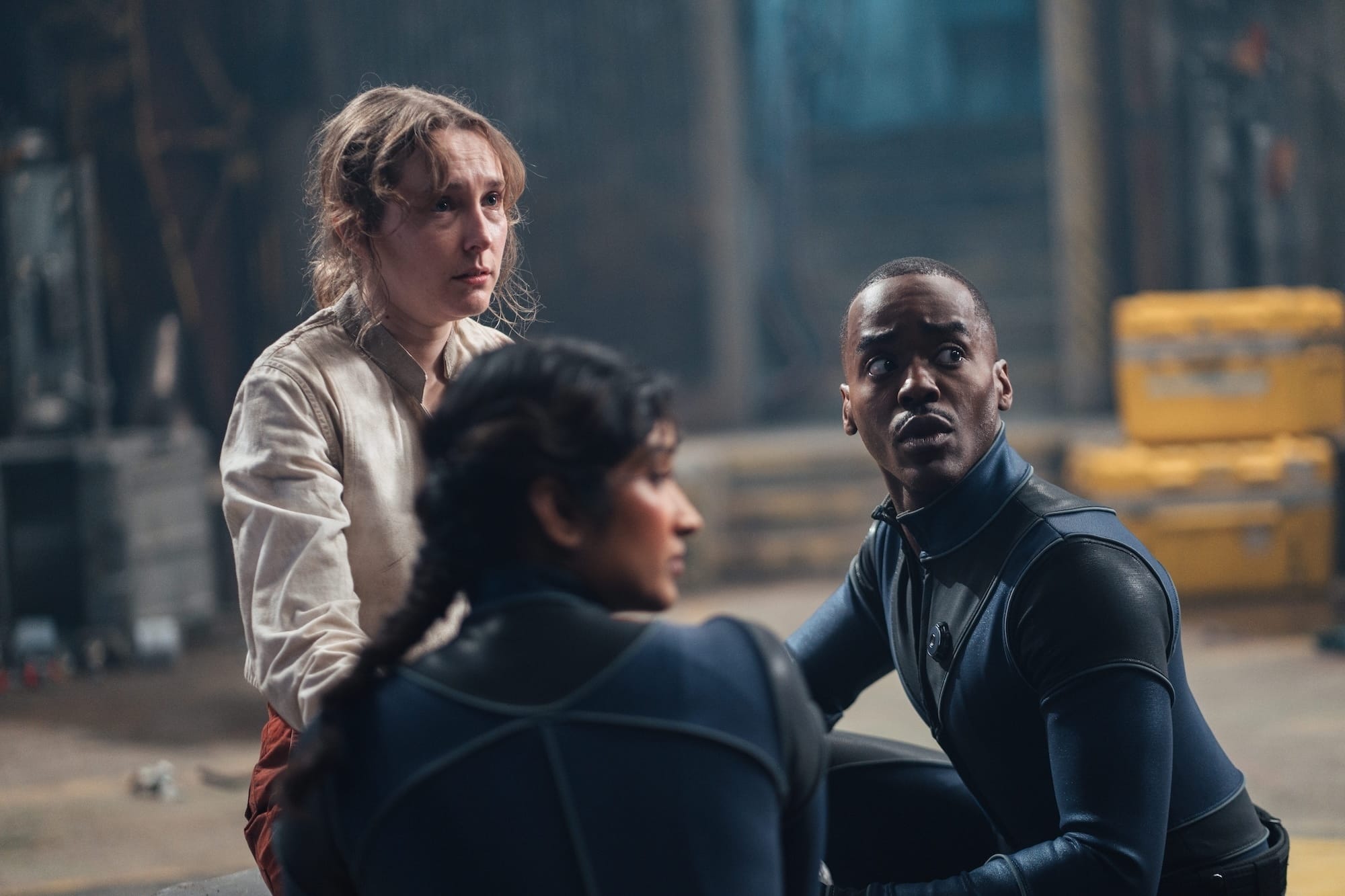 Ncuti Gatwa, Rose Ayling-Ellis, and Varada Sethu in "Doctor Who"