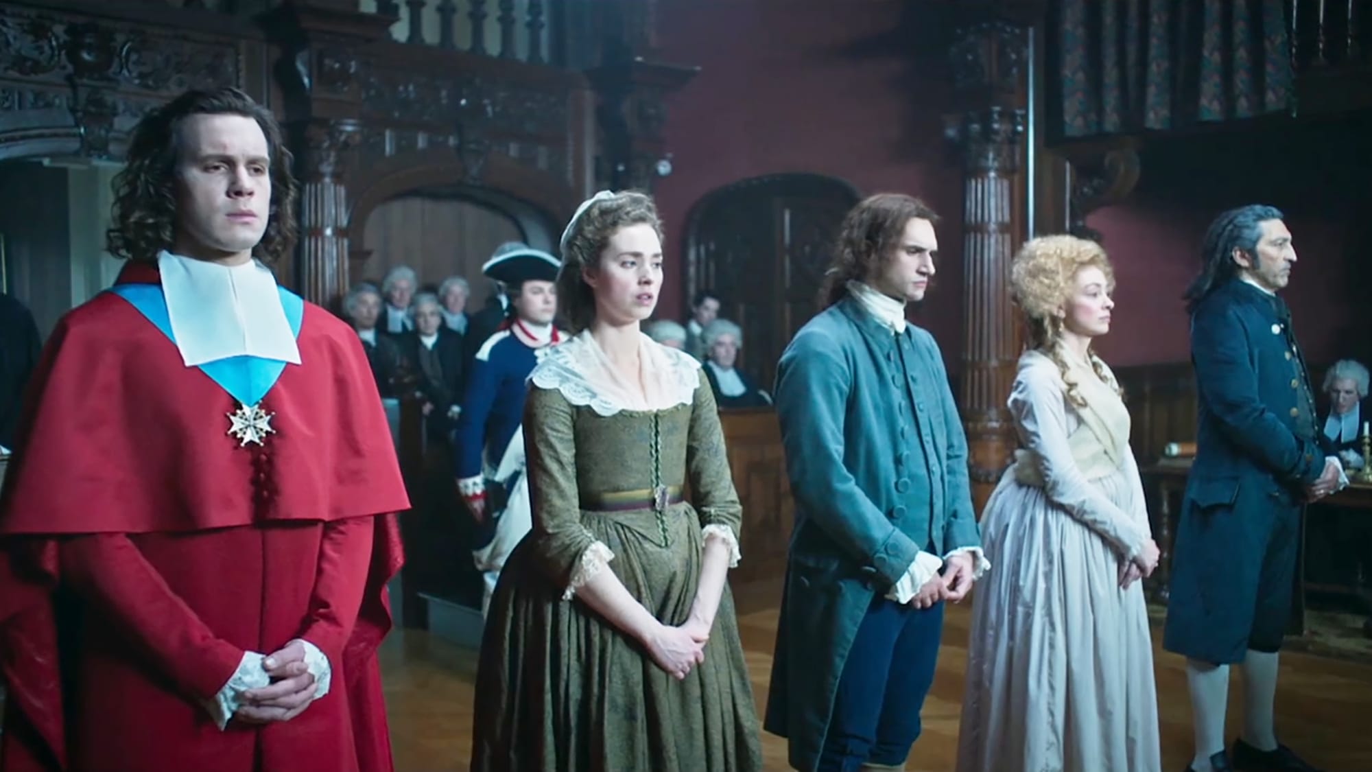 Maximilien Seweryn as Rohan, Freya Mavor as Jeanne, Alex Bhat as Villette, Margaux Billard as Nicole, and Selva Rasalingam as Cagliostro in 'Marie Antoinette' Season 2